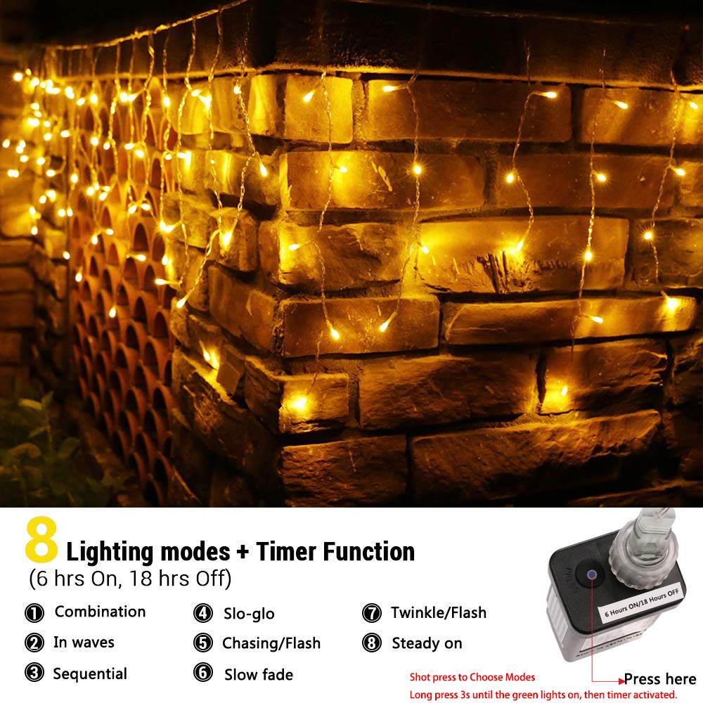 Toodour Christmas Icicle Lights, 360 LED 29.5ft, 8 Modes, Warm White, Model LED08230360, Outdoor Fairy Twinkle String Lights