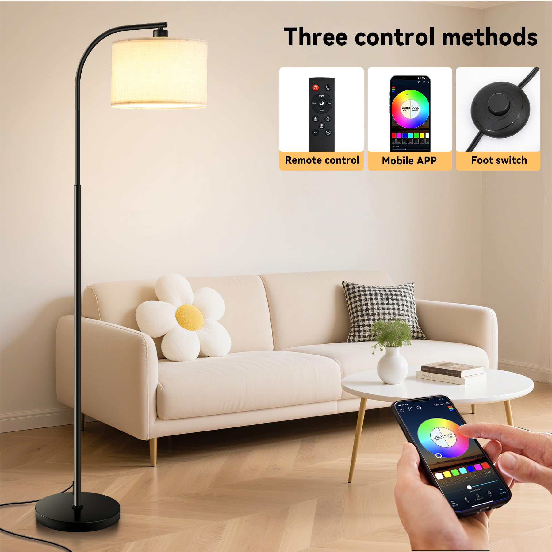 KQW Floor Lamp - Dimmable Tall Standing Light with Remote, 65" Fabric Shade, Smart RGB Bulb, Black, Model TJ-FL2006-BK04