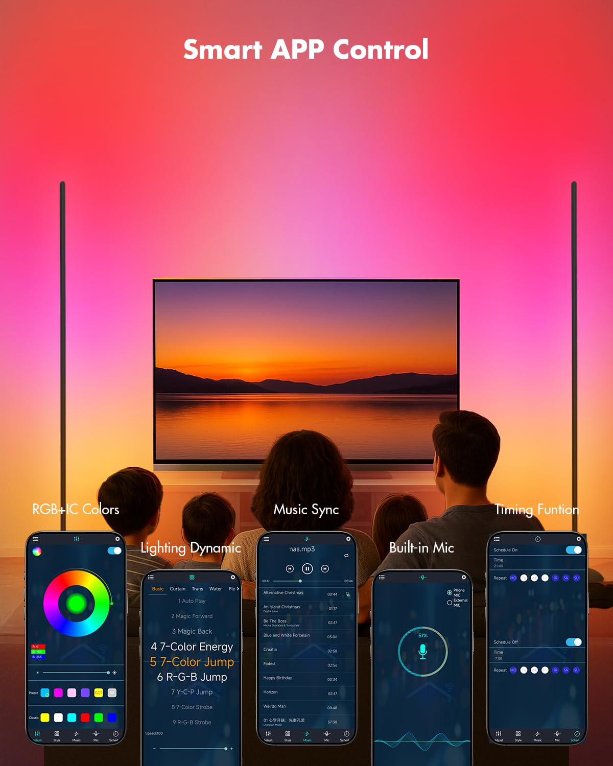 Vexinat Corner Floor Lamp - 2 Pack LED Smart Lamp with App/Remote Control, Music Sync, 16 Million Colors, Black, Model HC601