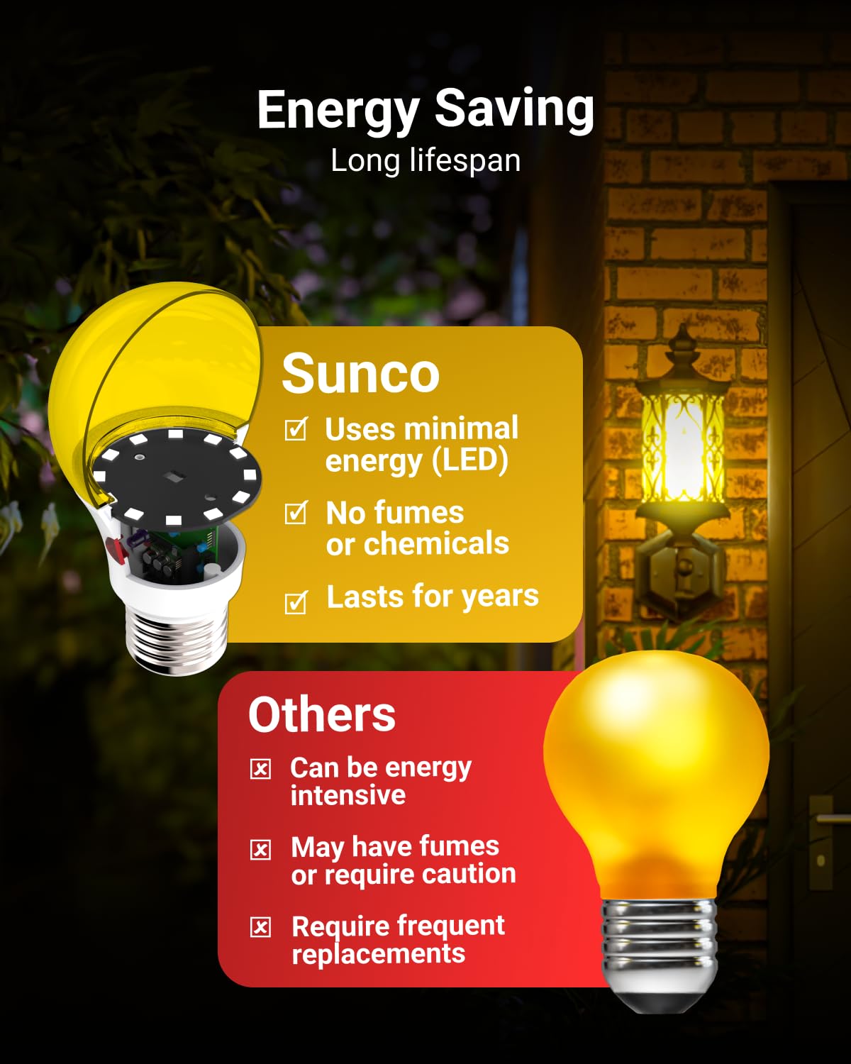 Sunco 6 Pack Led Bug Light Bulbs Outdoor A19 Yellow Dusk To Dawn Bug Light For Porch 9W, Auto On/Off, Photocell Sensor, 2000K Amber Glow, E26 Base, Patio, Deck Backyard Ul Listed