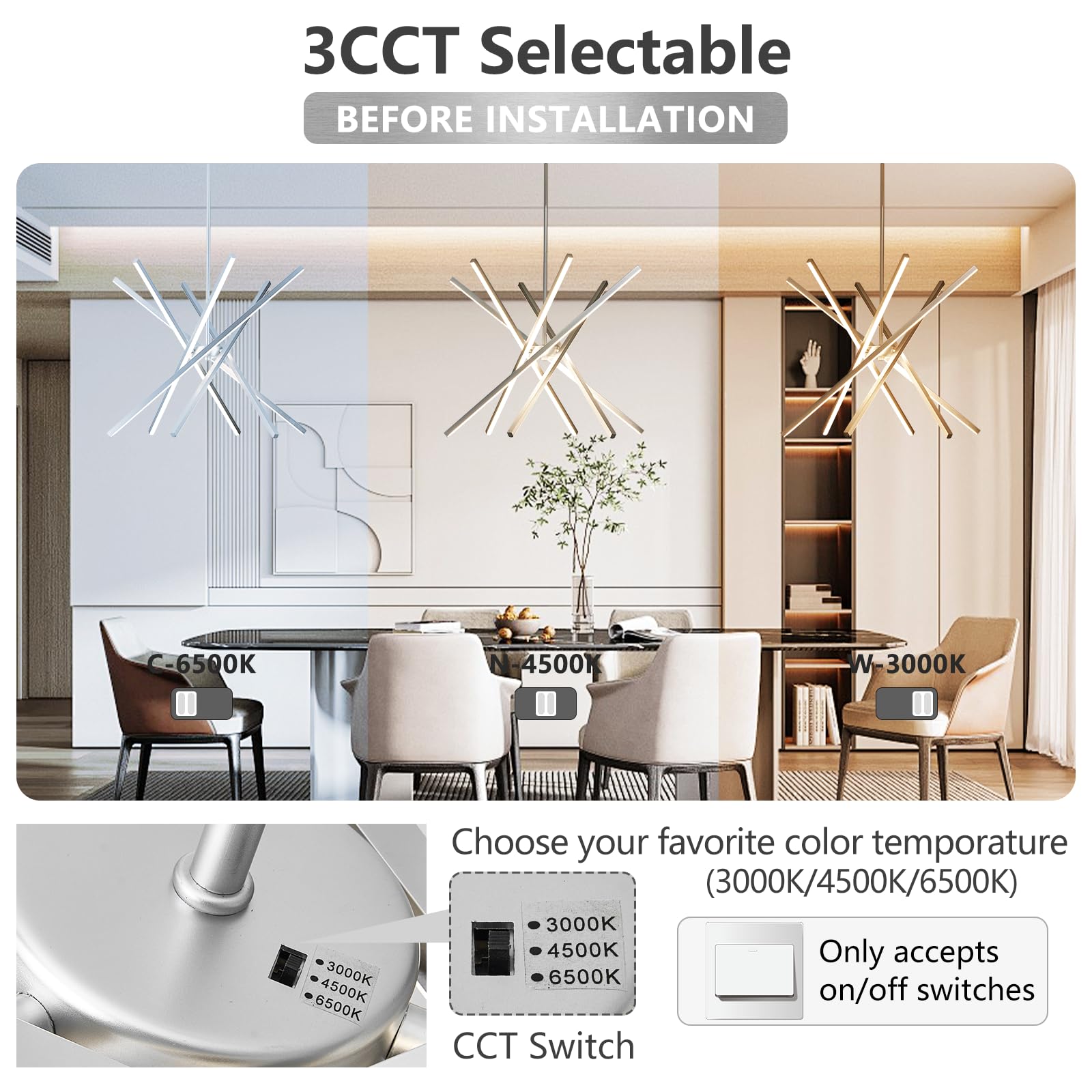 HOGBU LED Modern Chandelier - 6-Lights Silver Pendant Light Fixture, Dimmable, 3000K-6000K, for Dining Room & Kitchen Island, Model G009P