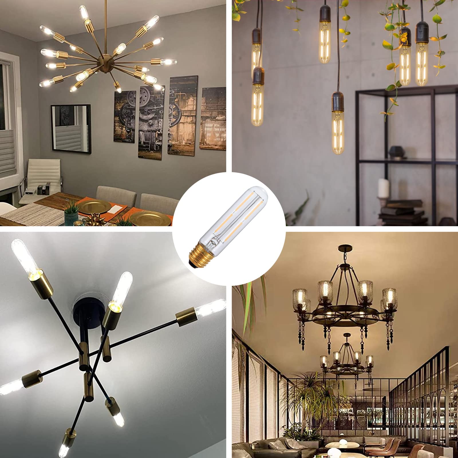 Tianshq 6 Pcs E26 T10 Led Tubular Light Bulbs, Daylight White Edison Bulb 4000K 4W Dimmable T10 Led Bulb For Pendant Lights, Lam