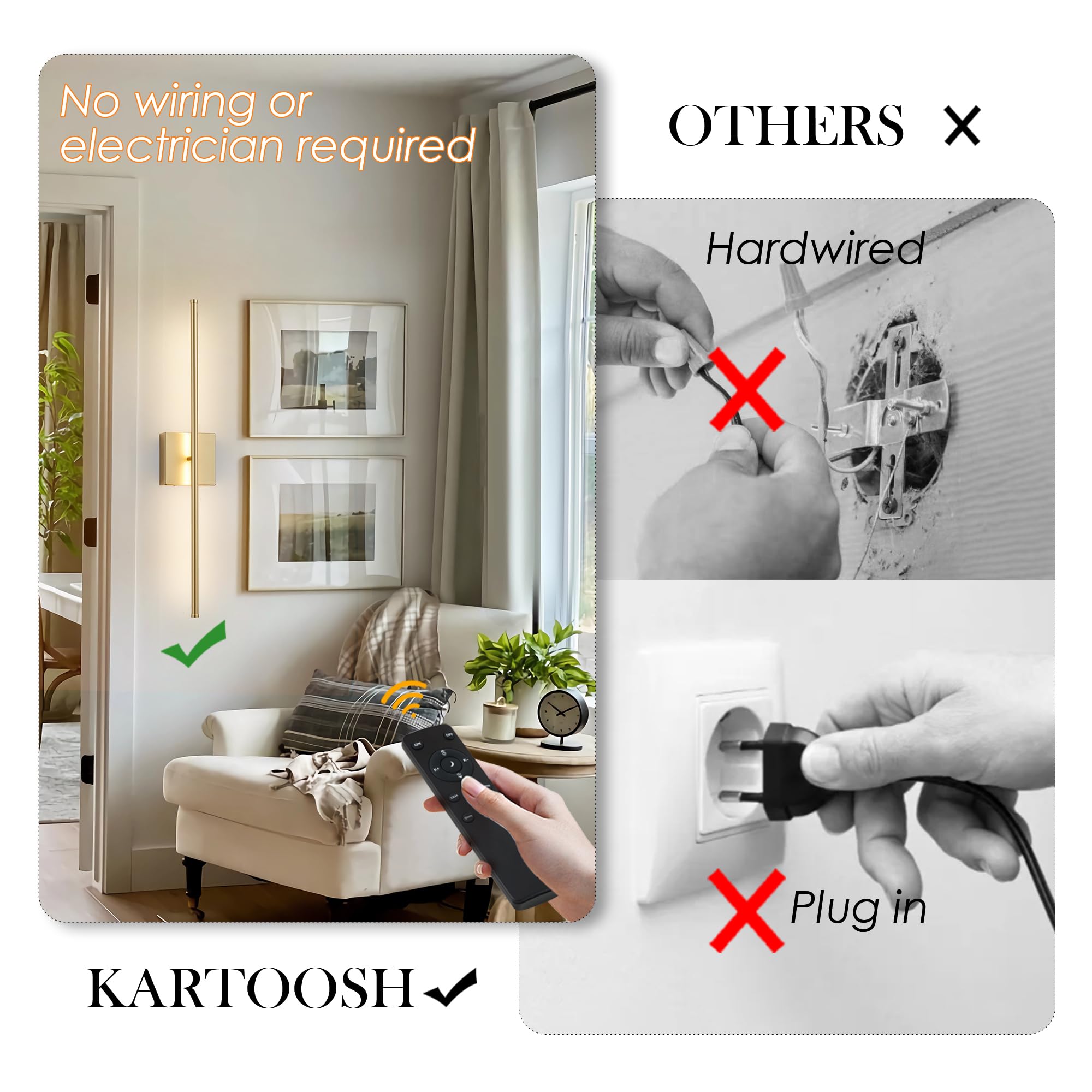KARTOOSH Wall Sconces, Remote Control, Dimmable LED Light, 28.3 Inch, Gold, Model ZM321BGD70, 350° Rotate, 300