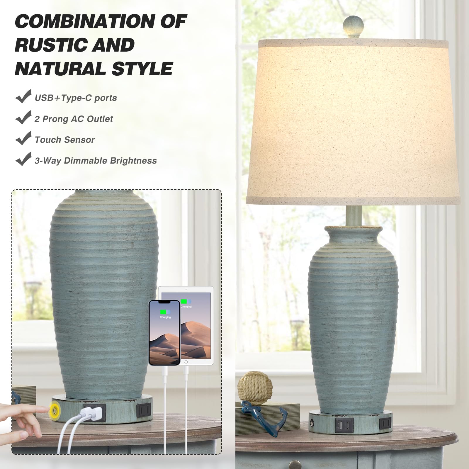 Cinsary 25&quot; Farmhouse Touch Control Table Lamps Set Of 2 With Usb & Ac Outlet, Blue