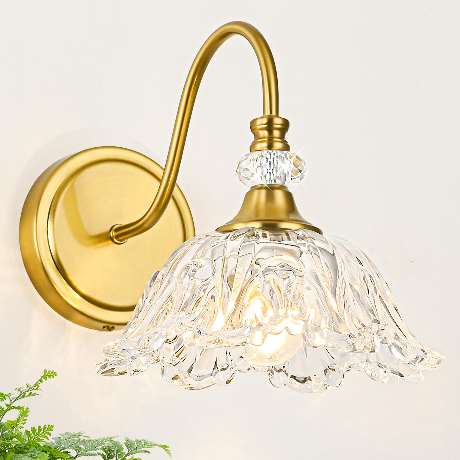 Sunkryster 1 Piece Gold Wall Sconce With Floral Clear Glass Shade  Brushed Gold Finish Wall Mount Lighting For Bathroom Vintage Bathroom Vanity Light Fixtures