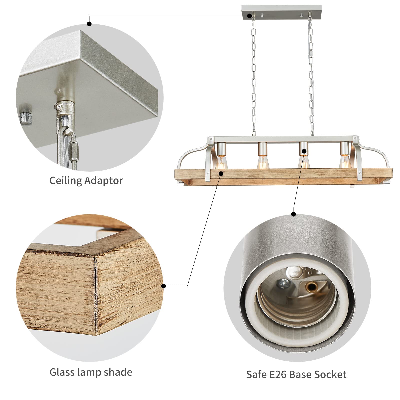 WUZUPS 4-Light Metal Pot Hanging Rack Chandelier, Imitation Light Wood Grain, H 9.8" L 34.6", Nickel, Model USHD90000LWN