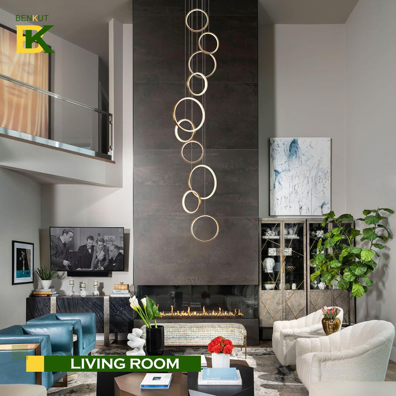 Benkut High Ceiling Chandelier 10 Ring LED Foyer Light 98.5in Gold Aluminum Model: Benkut-10RingsGold