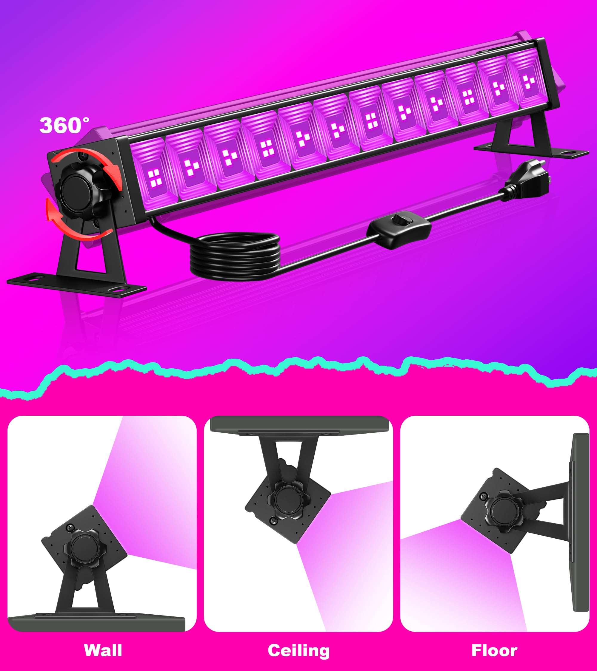 TigQiang 38W LED Black Light, 6 Pack, Aluminum, Plug & Switch, 5ft Cord, Glow Light for Halloween Decorations, Black