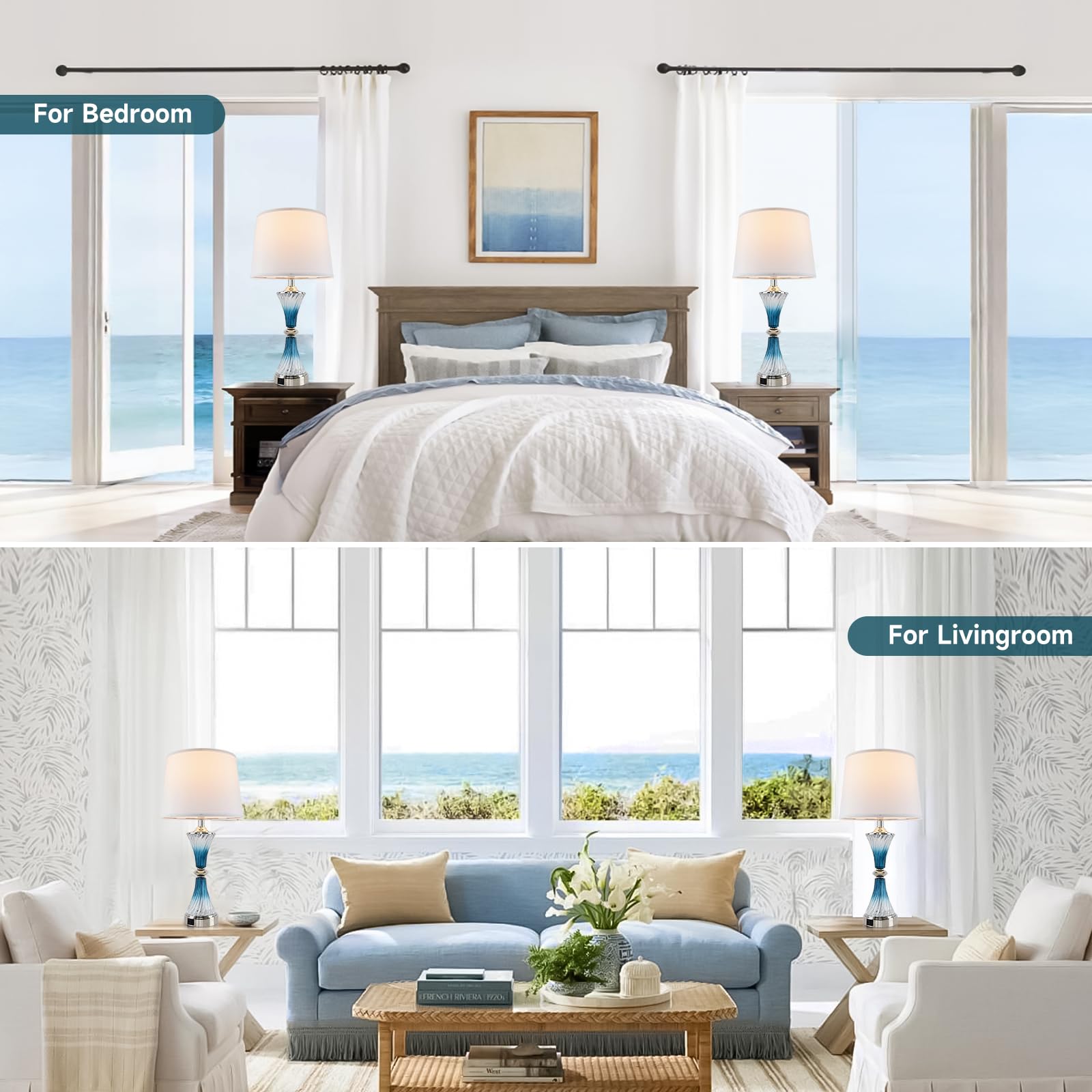 Terpsichore Modern Table Lamps Set Of 2: Coastal Glass, Blue & Cyan, Led, Touch Control, 3-Way Dimming, Usb Charging, Energy Eff