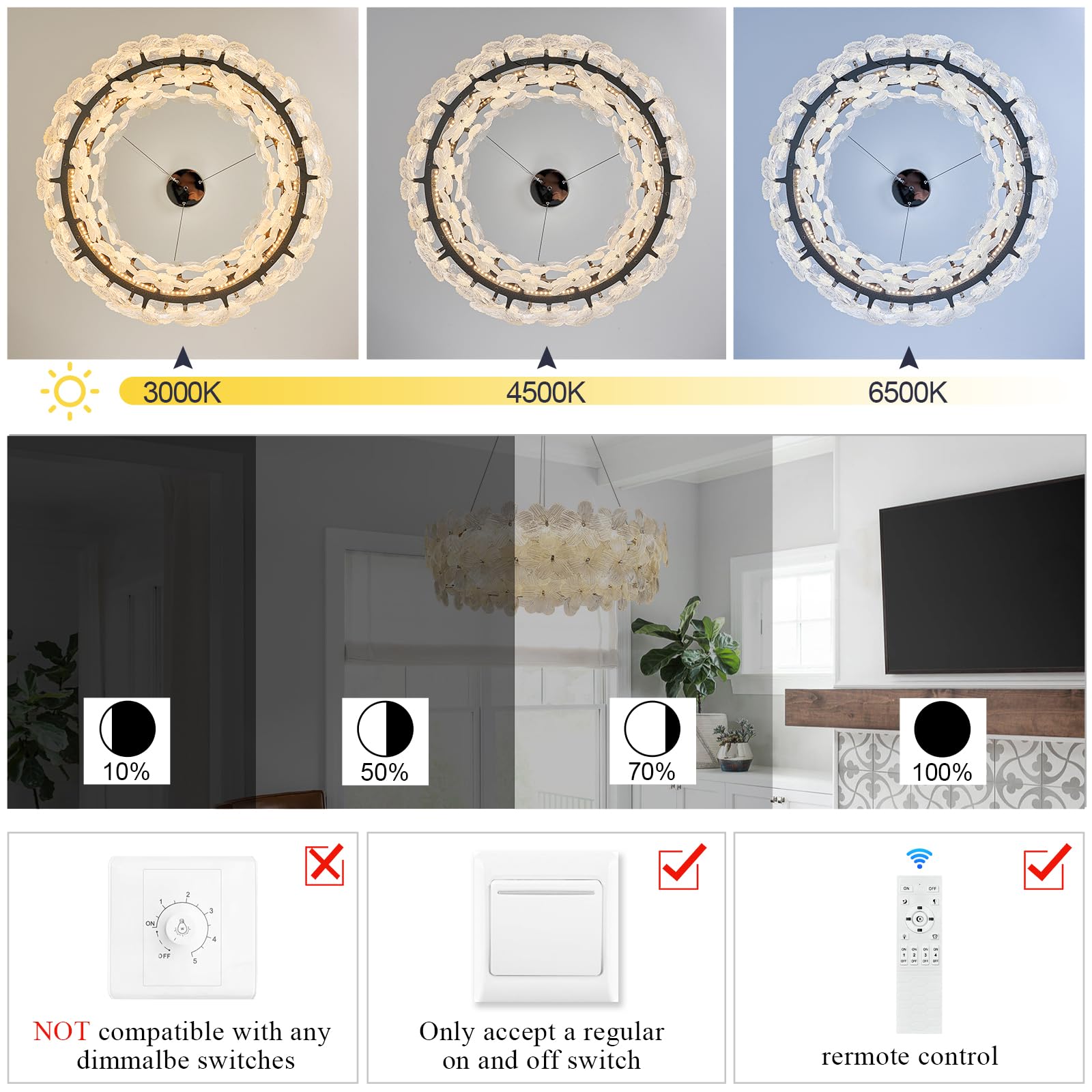 Poemoon 32'' Modern LED Crystal Chandelier, Black Dimmable Light Fixture, Remote Control, Contemporary Design for High Ceilings