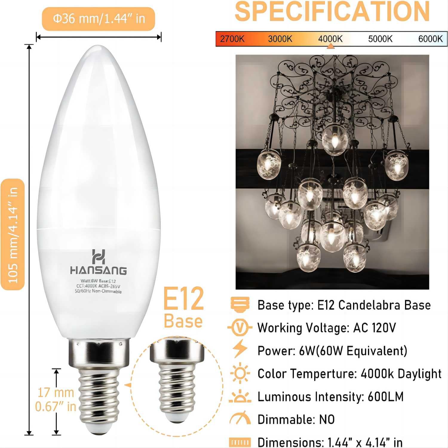 Hansang 8 Pack E12 Candelabra Led Light Bulbs 4000K Natural Daylight, Small Base Type B Light Bulb For Chandelier, 6W 60Watt Equ