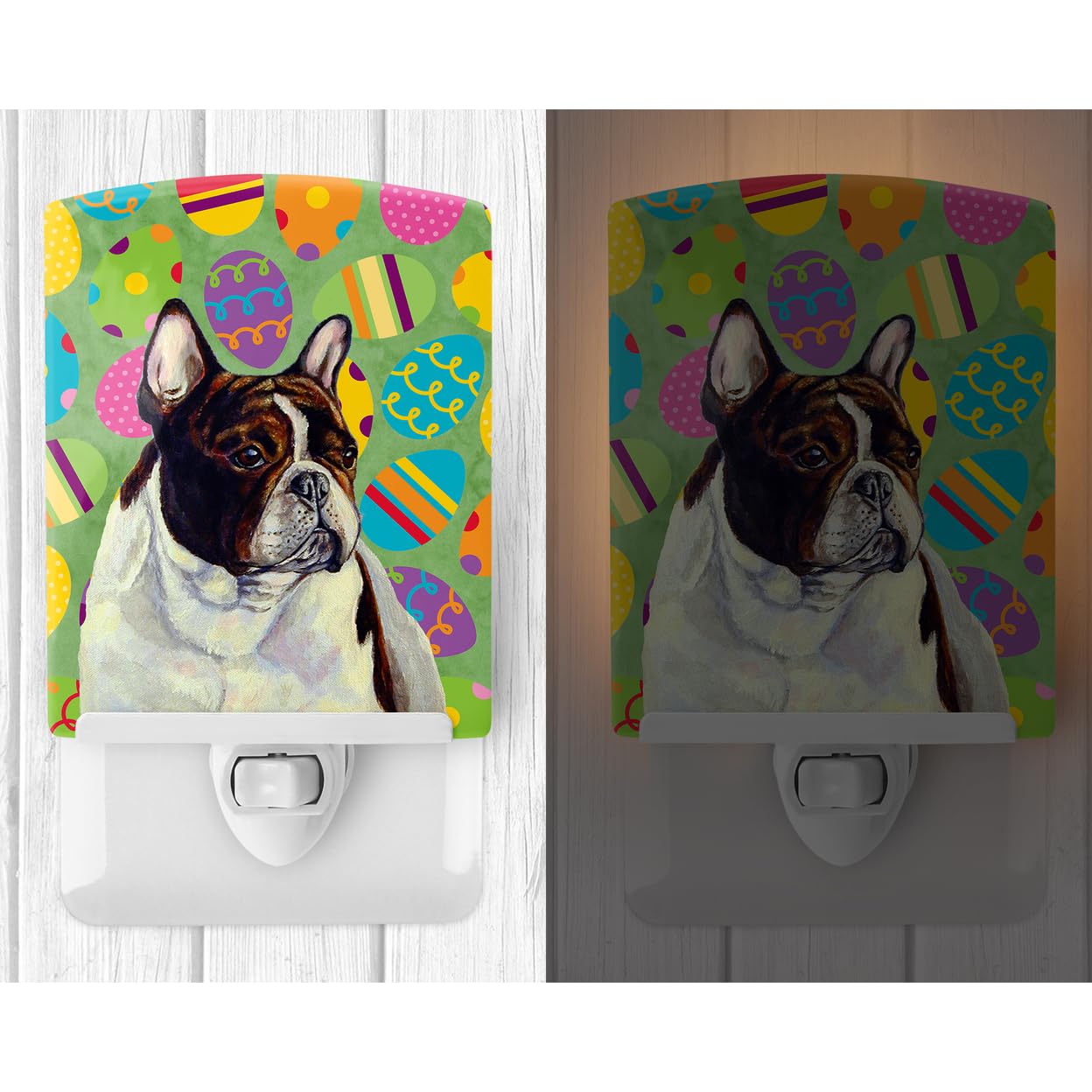 Caroline'S Treasures Lh9427Cnl French Bulldog Easter Eggtravaganza Ceramic Night Light Compact, Ul-Certified, Ideal For Bedroom, Bathroom, Nursery, Hallway, Kitchen, 6X4X3, Multicolor