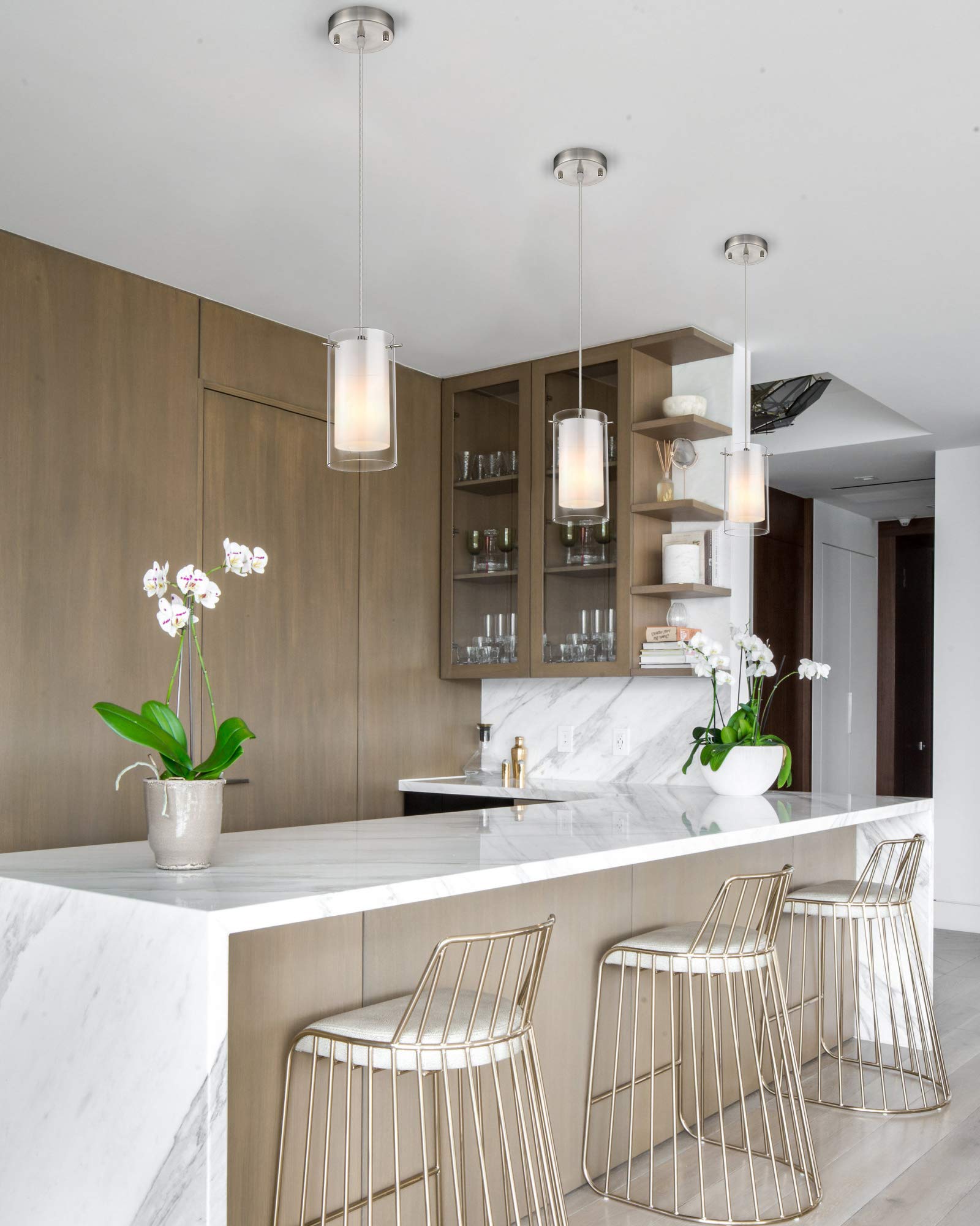 AKEZON 1-Light Pendant Light Fixture, Adjustable Glass Hanging Light, Brushed Nickel, Model KP-506, Ideal for Kitchen Dining Room