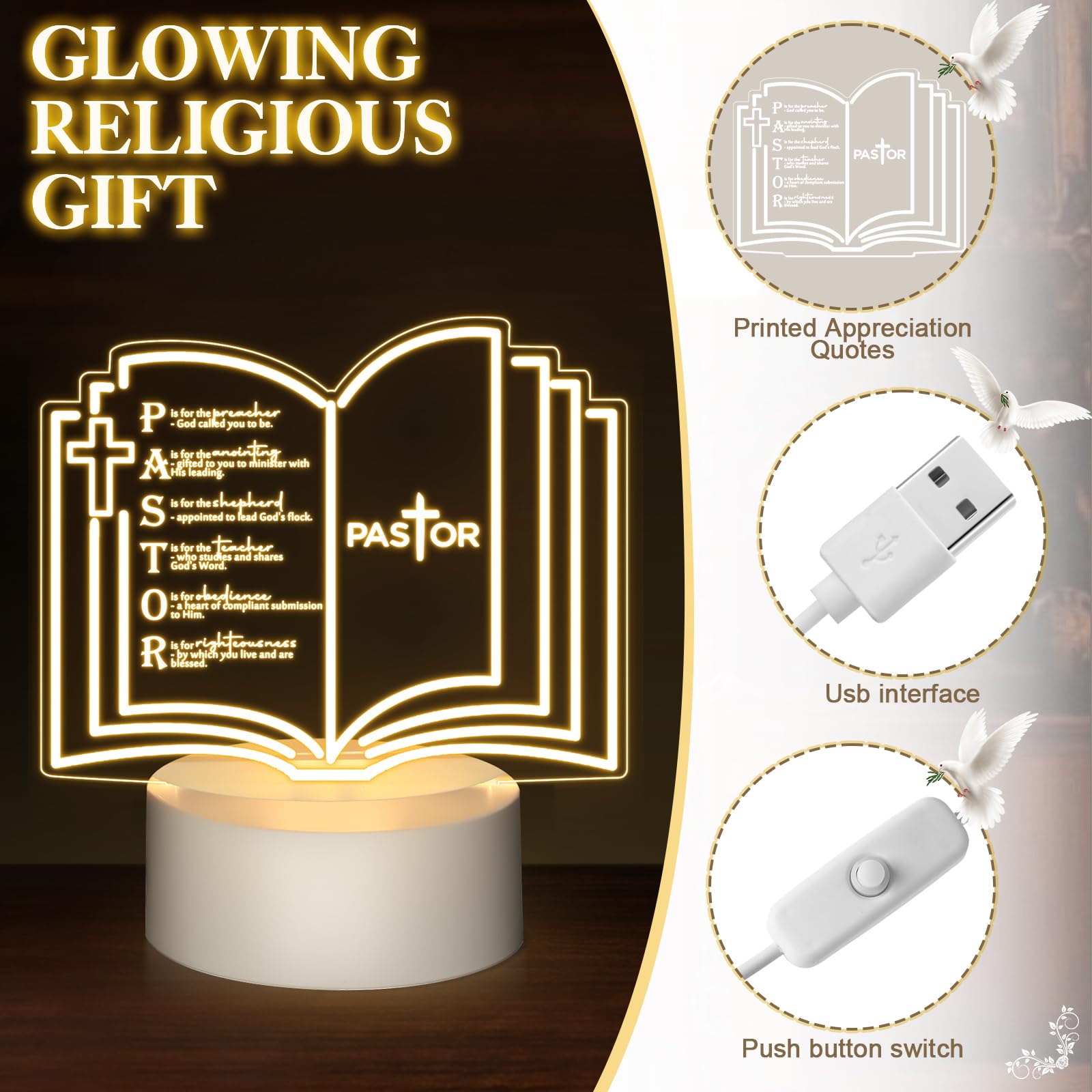 Kosiz 2 Pcs Pastor Appreciation Gift Led Night Light Christmas Christian Gifts Engraved Thank Clergy Sayings Acrylic Lamp With Base Religious Decor Men Women Clergy Staff Retirement (Stylish Pastor)
