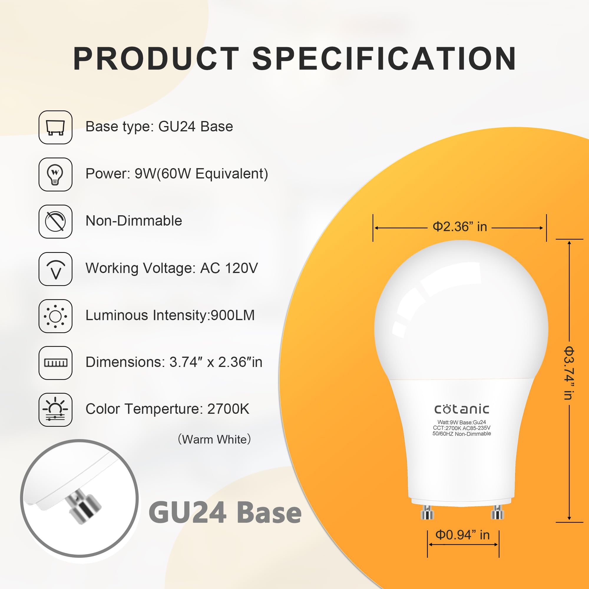 hansang GU24 LED Light Bulb,A19 Shape Bulb,9W (100W Equivalent),900 Lumens,2700K Warm White,Gu24 Twist Lock Base,Replacing CFL C