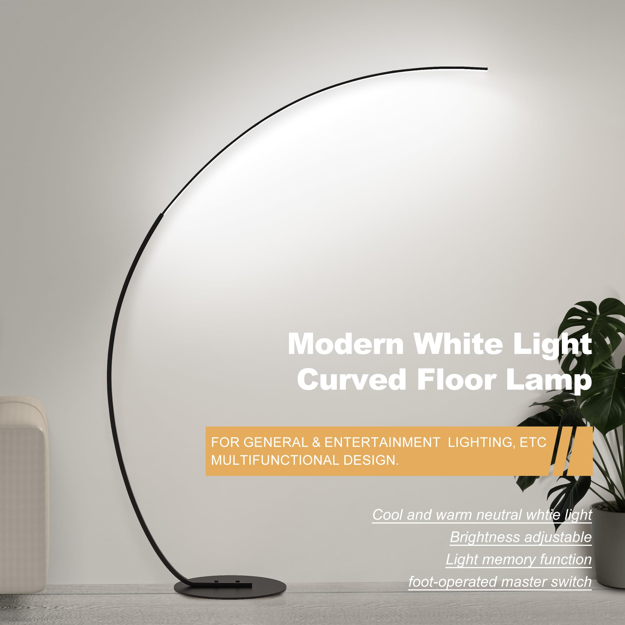 Adjustable White Light Modern 69.99 Inch Arched Standing Reading Floor Lamp With Remote - Dimmable Black Led Curved Light For Be