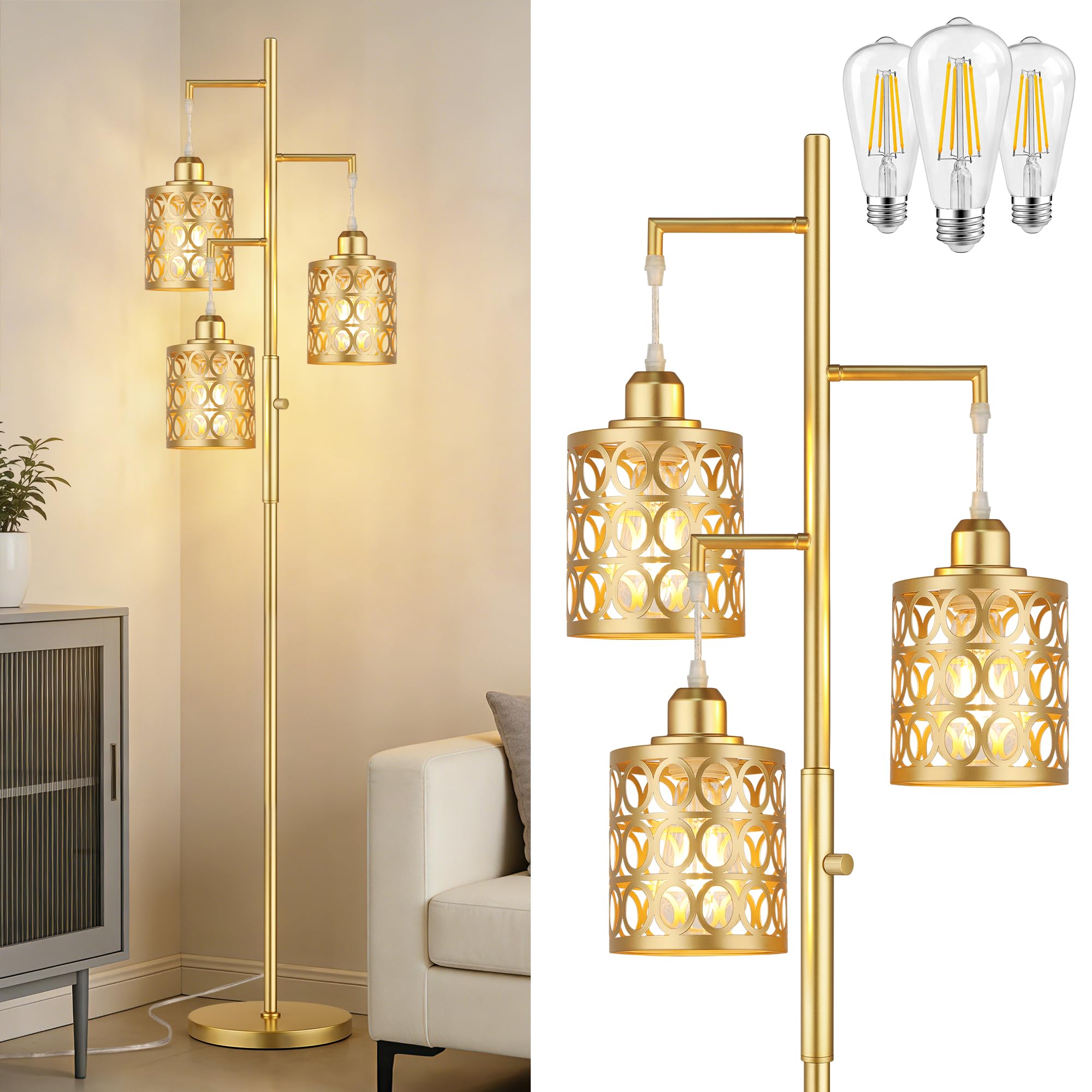 QiMH Gold Industrial Floor Lamps for Living Room  Modern Standing Lamp with Stepless Dimmable  68 Tall Lamps for Bedroom Home Office  3 LED Bulbs Included