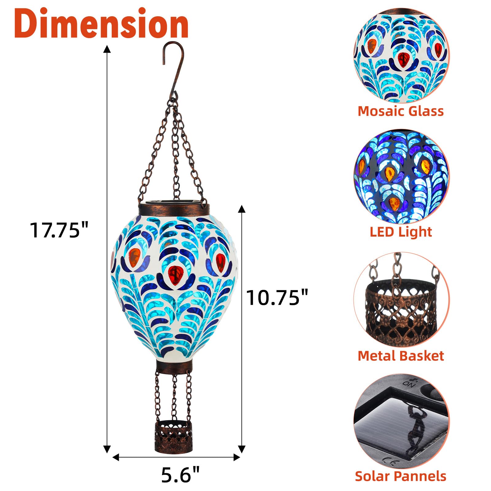 VOREEN Hot Air Balloon Solar Lantern, Handmade Glass, Peacock Feather Design, Waterproof Outdoor Hanging Light, Model FYG24106