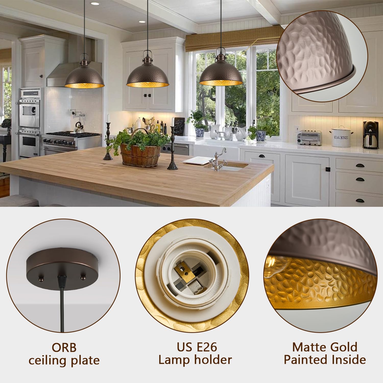 Refice Farmhouse Pendant Lights, Hammered Metal Shade, Oil Rubbed Bronze, 2 Pack, Adjustable Height, Model FCD005-2-ORB