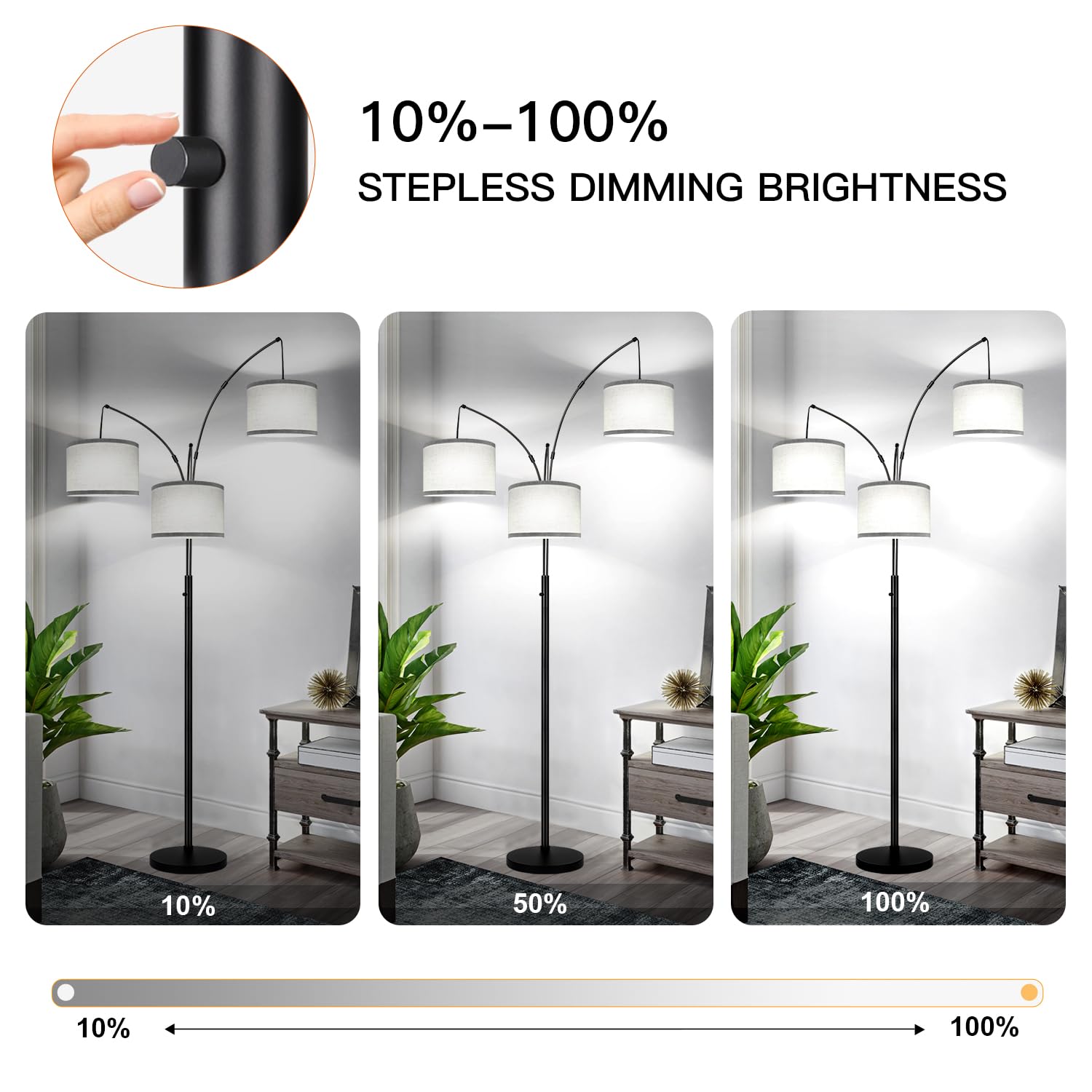 Dimmable Floor Lamp, 3 Lights Arc Floor Lamps For Living Room, Modern Tall Standing Tree Lamp With Gray Linen Shade & Heavy Base