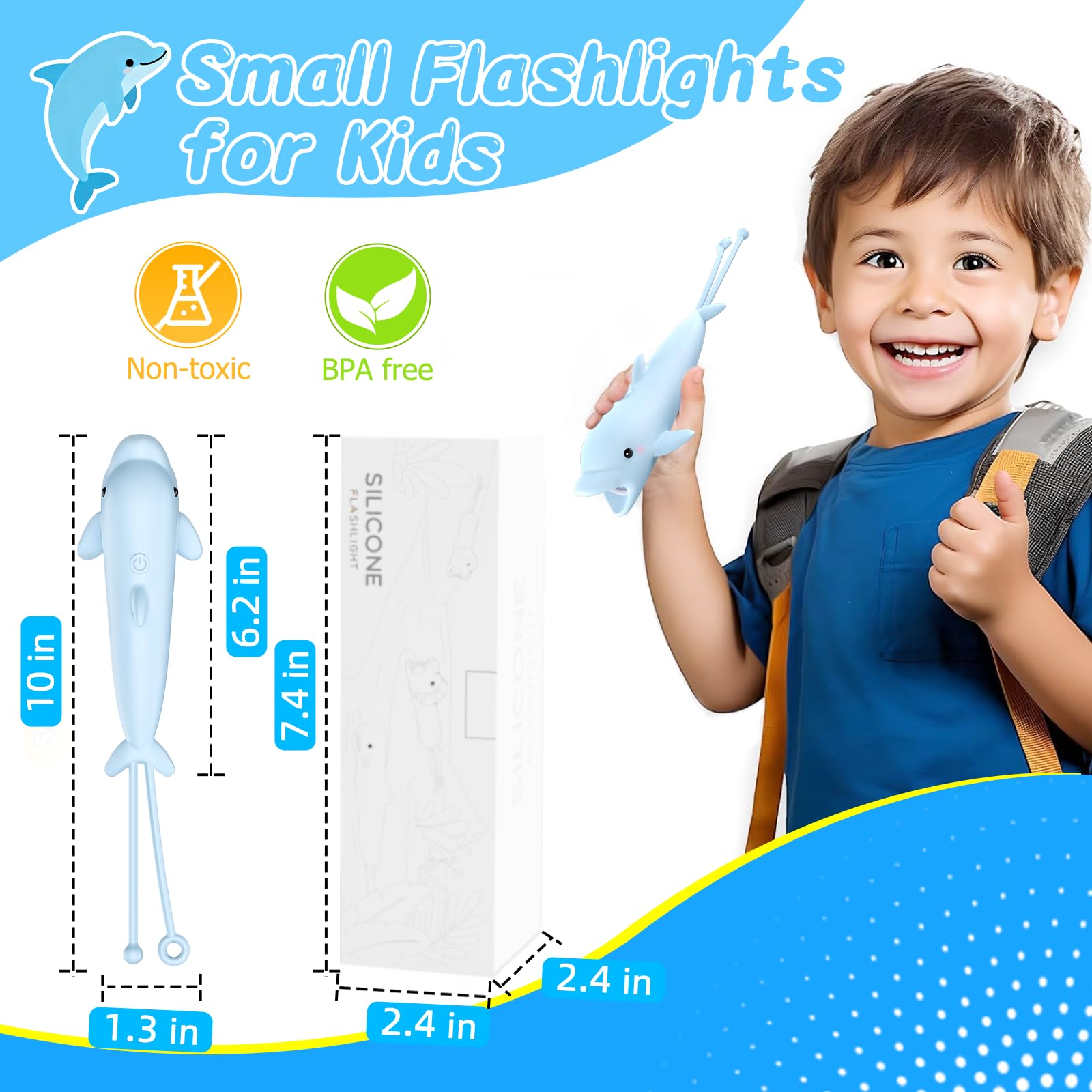 Tremdwoto Rechargeable Kids Flashlight - Cute Dolphin Model, Blue Silicone, Perfect for Camping, Outdoor Adventures, and Night Walks