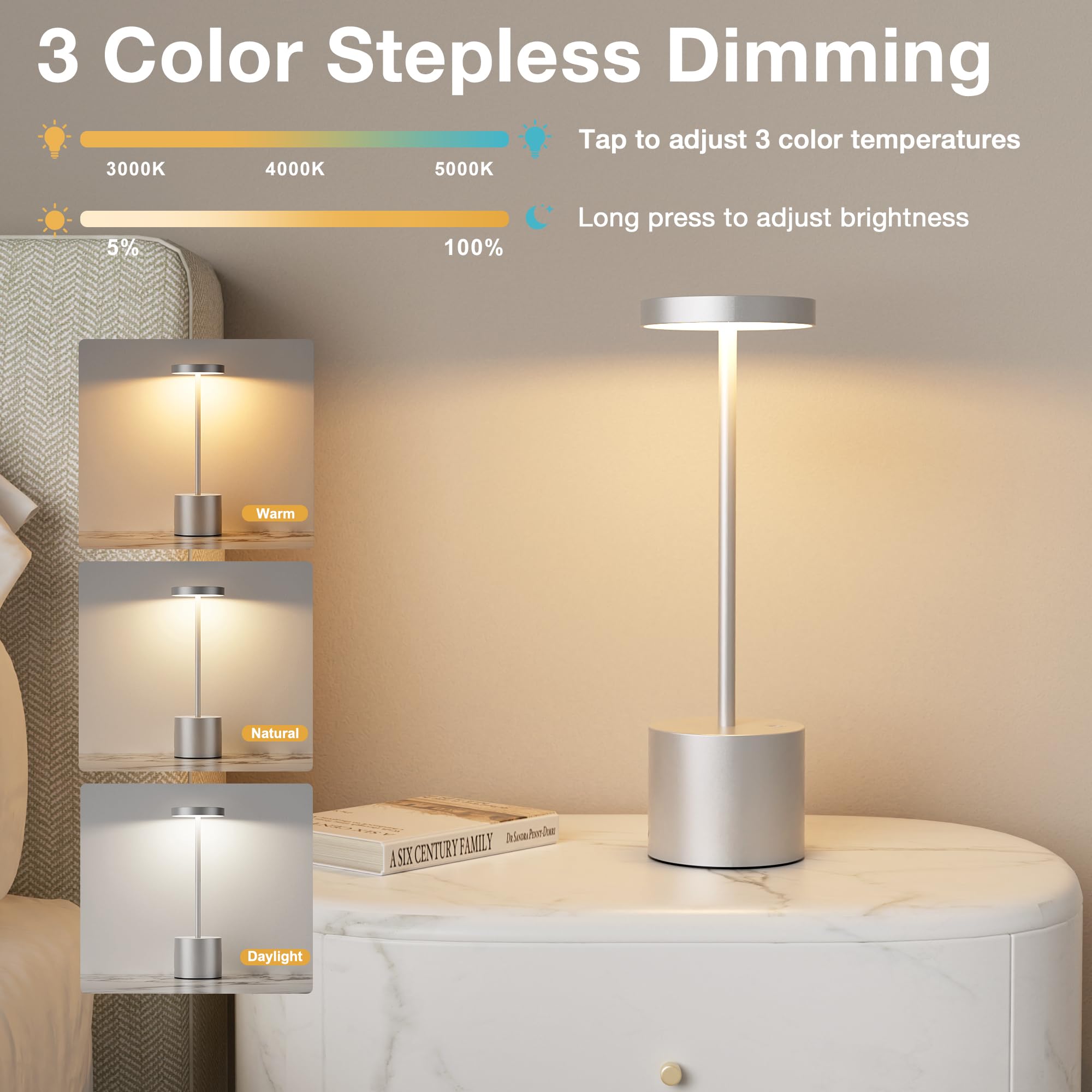 Kakanuo Silver Gray Cordless Lamp, Rechargeable Lamp, Touch Control, 3 Color Temperature, Led Outdoor Wireless Lamp, Battery Ope