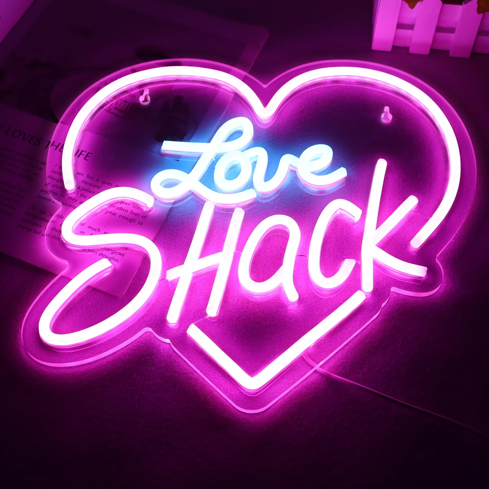 JFLLamp Neon Wall Decor Sign, Love Shack, 12.2x13 Inch, Acrylic, Azure+Pink, Model NS-Love Shack 001