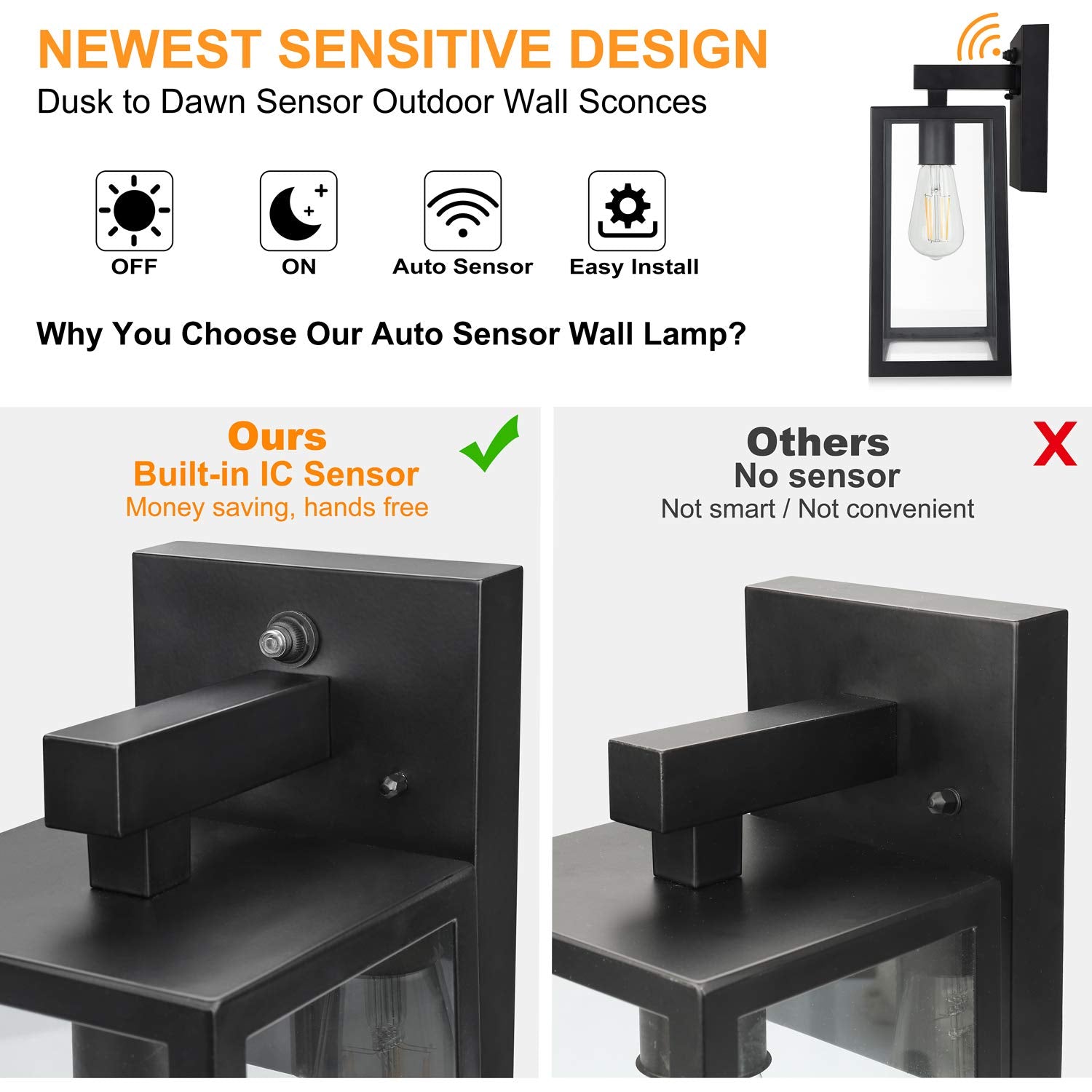 SHINE HAI Outdoor Wall Sconce, Waterproof Lantern Fixture, E26 Base, Black, Model 2032BC-LS, One-Pack