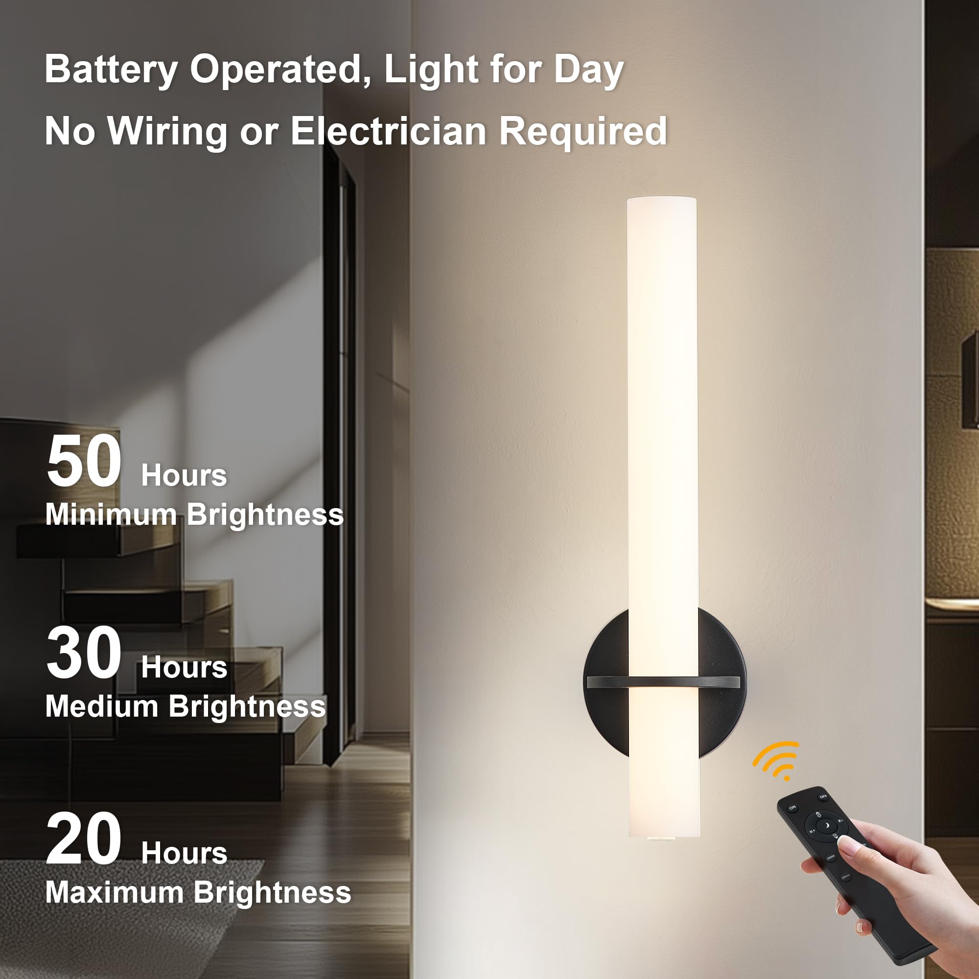 KARTOOSH Black Battery Operated Wall Sconce Set of 2, Dimmable 3000K-6000K, 18 Inch, Metal, Rechargeable, Remote Control