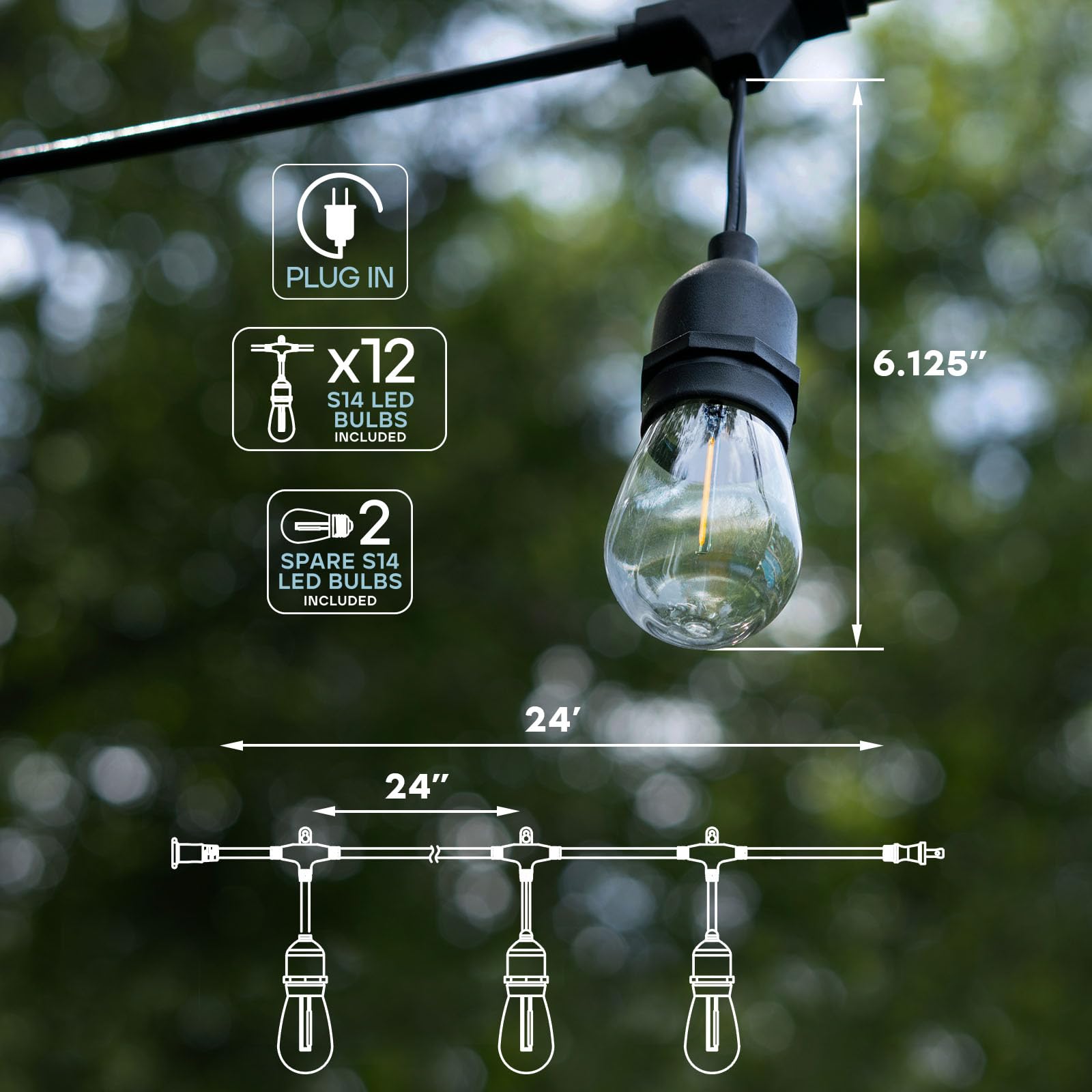 Luxrite 24Ft Led Outdoor String Lights Commercial Grade Waterproof, 12 Edison S14 Shatterproof Bulbs, Hanging Lights For Patio,