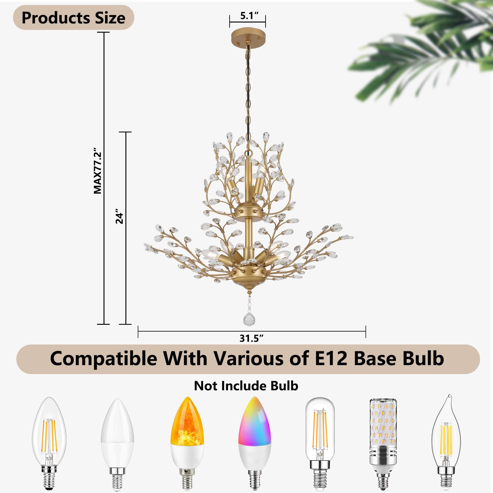 3Wwwuee Gold Crystal Chandelier, Farmhouse 8-Light Large Branch Pendant Light With Adjustable Chain, 2-Tier Vintage Flower Ceili
