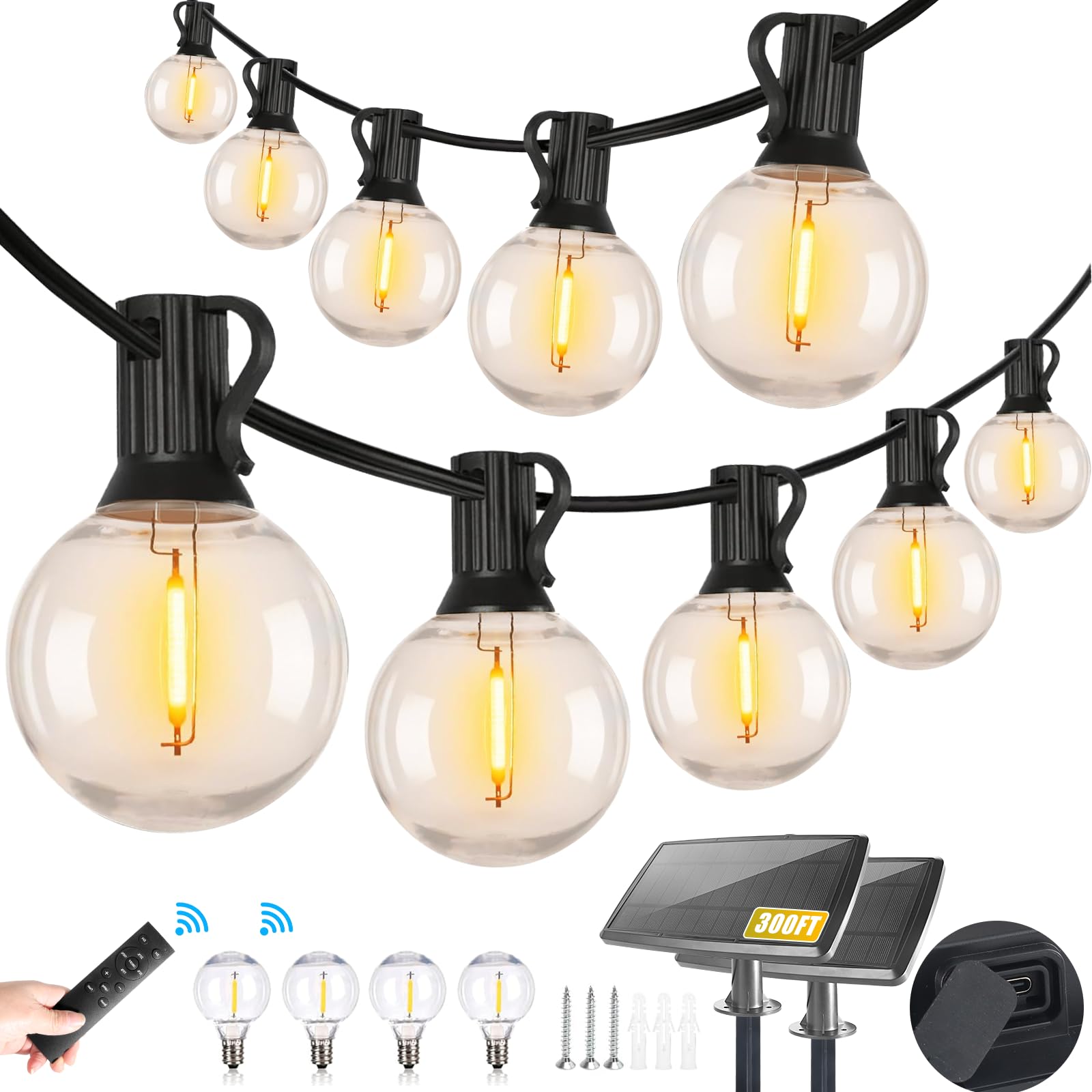 2 Pack 150FT Solar Outdoor String Lights Waterproof, Solar Powered Patio Lights with Remote Control & 104 Shatterproof G40 Ediso
