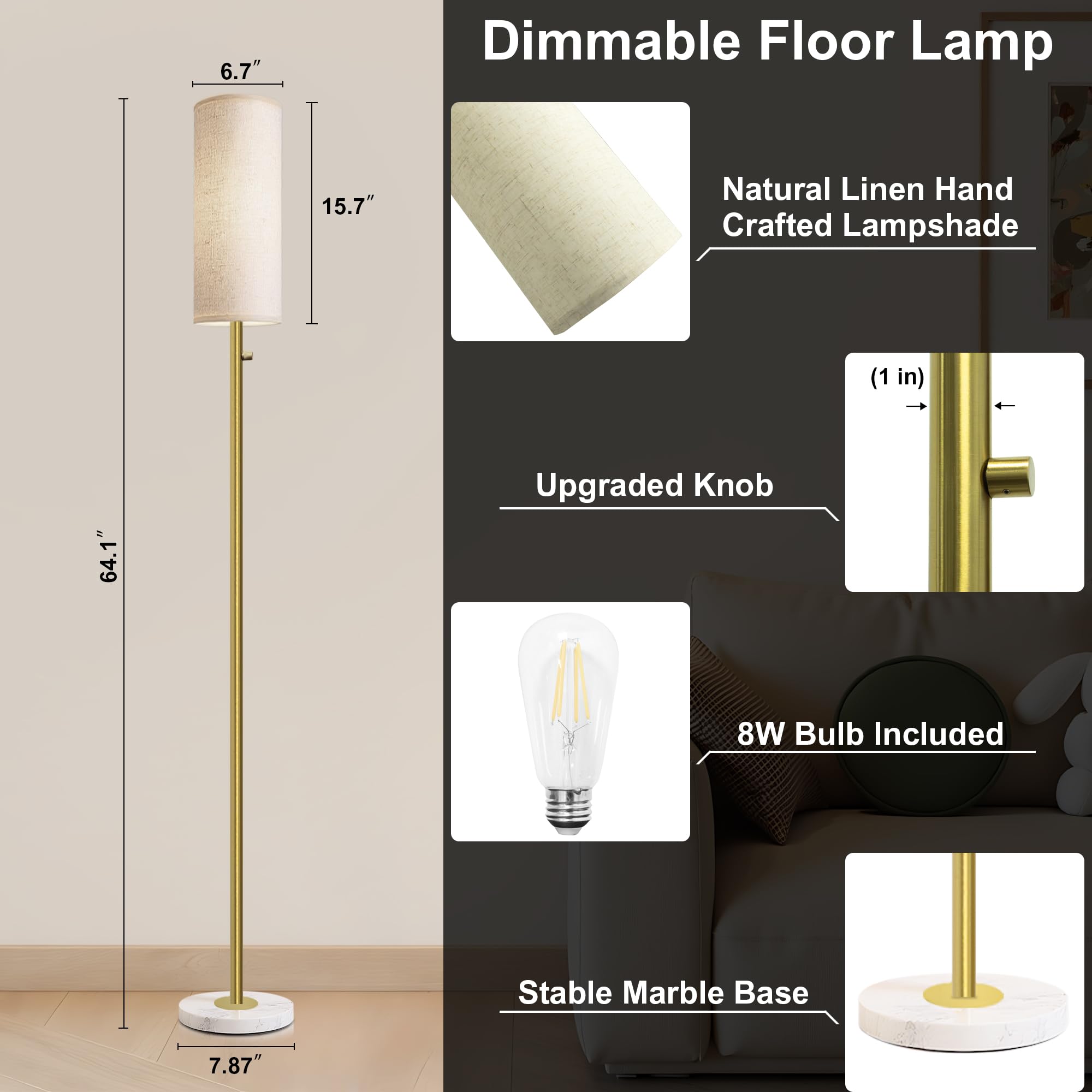 Aulaiyi Gold Floor Lamp, Dimmable Modern Standing Lamp with Marble Base, 64.1in H, Natural Linen Shade, Model WK011