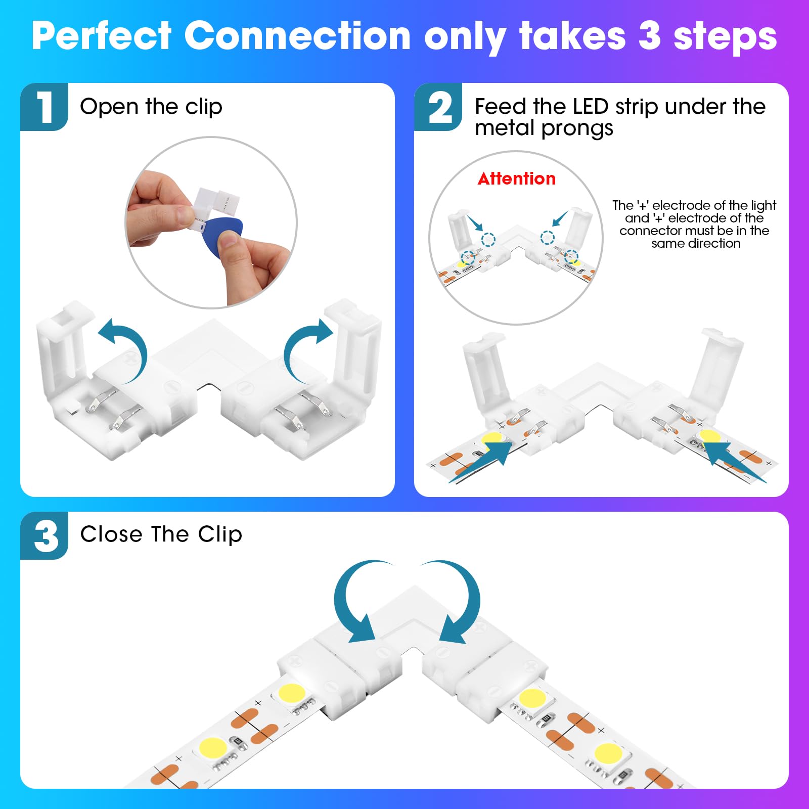 Wenhsin 10-Packs L Shape 2-Pin Led Connectors For Led Strip Lights 8Mm Width Unwired Gapless Solderless Adapter Extension
