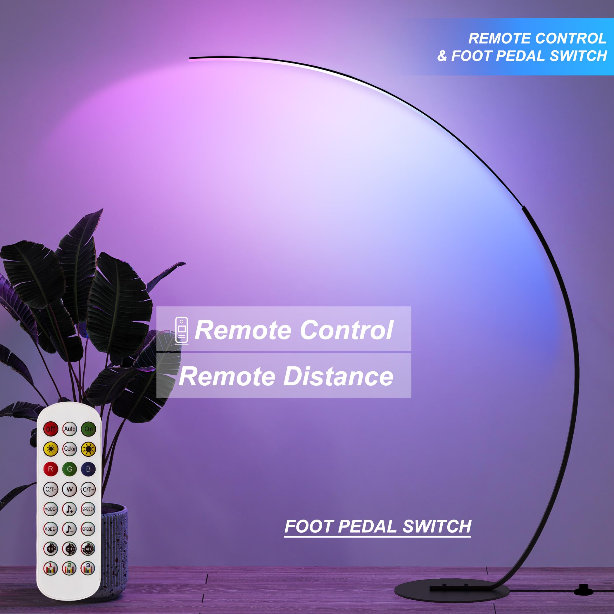 E.P. Light Rgbw Modern 69.99 Inch Arched Standing Reading Floor Lamp With Remote - Dimmable Black Led Color Changing Curved Ambient Lighting For Bedroom And Living Room