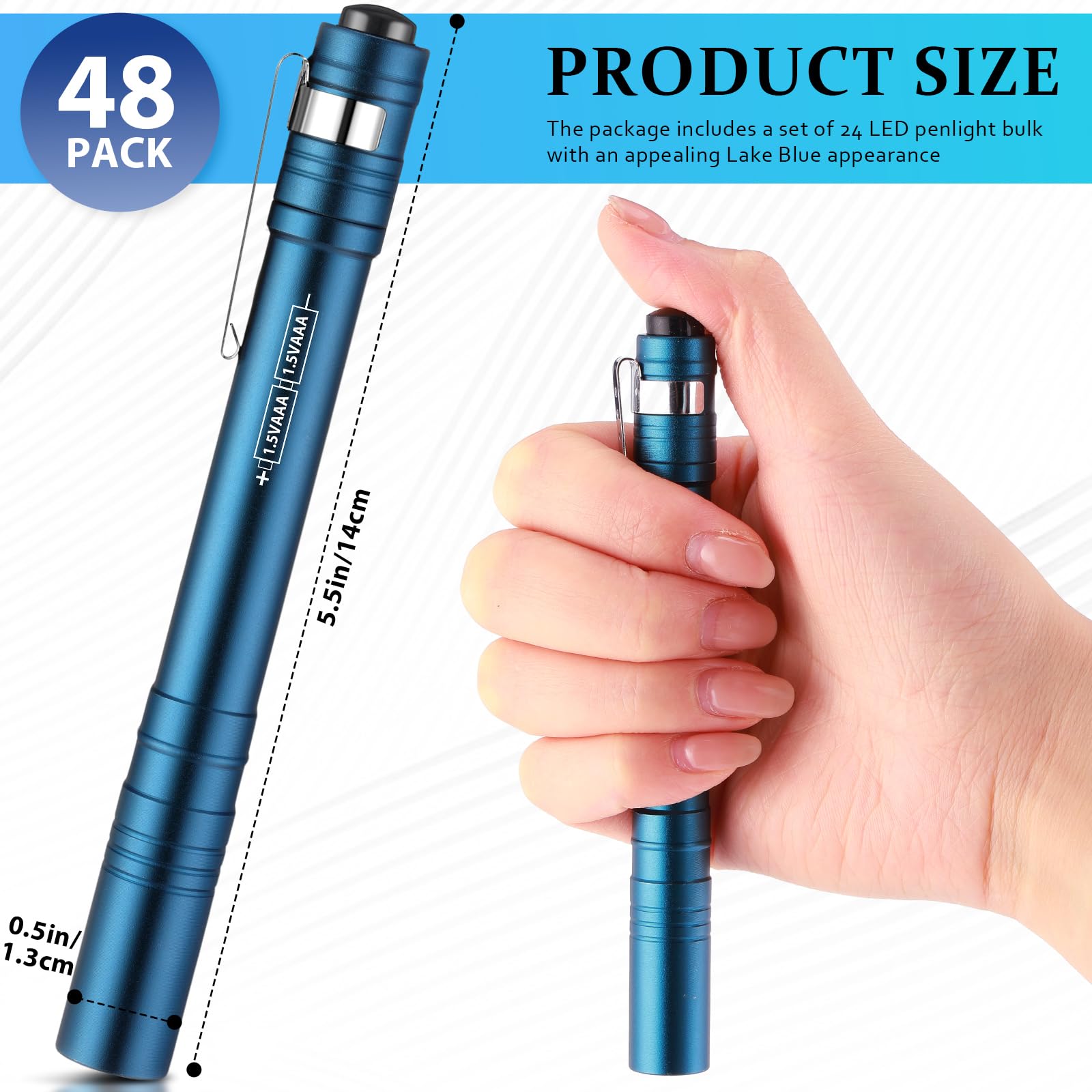 Rossesay Mini Pen Flashlights, 48 Pack, Aluminum, LED, Pocket Size, Blue, Model XUU-Rossesay-2695
