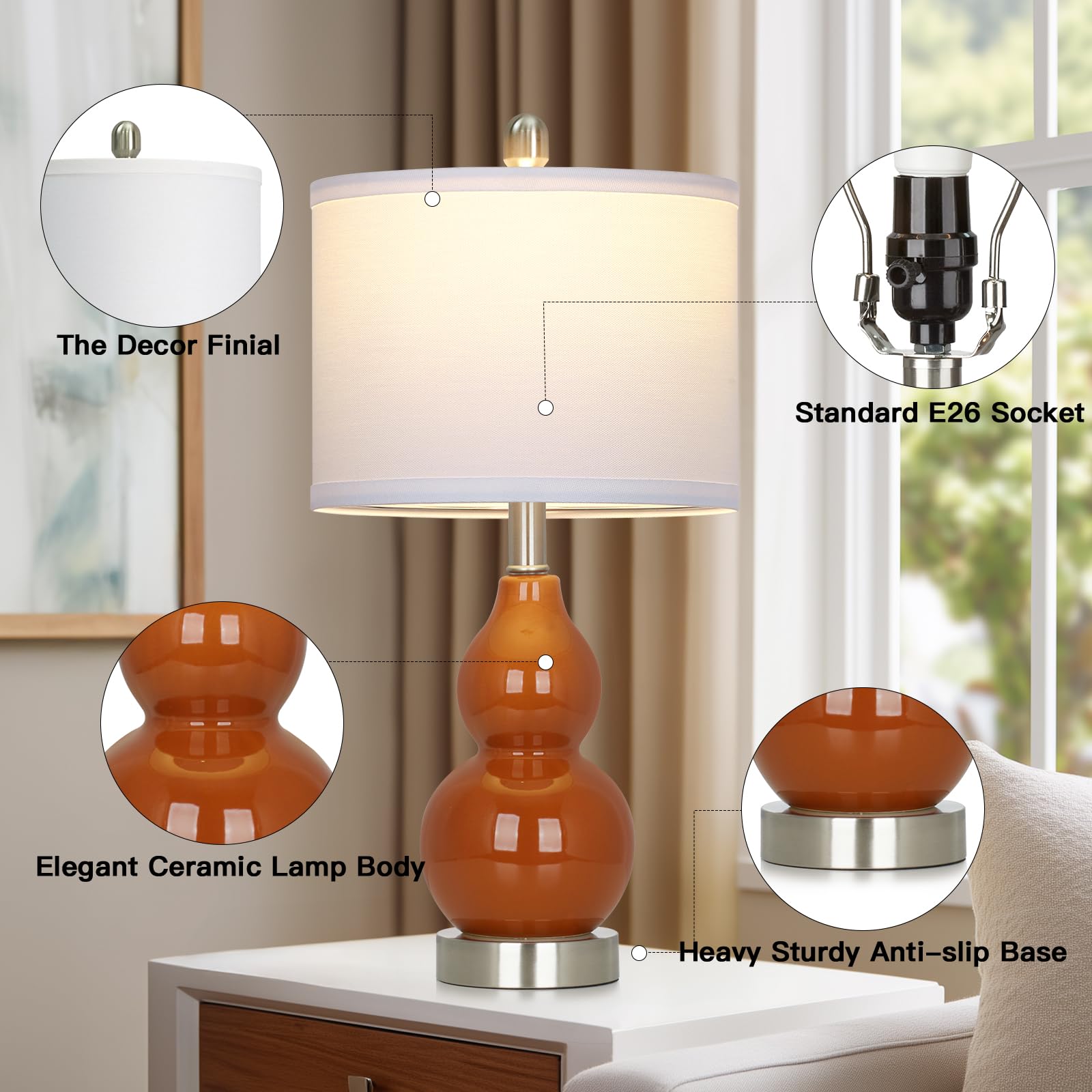 Rinweey Double Gourd Ceramic Table Lamps Set of 2, Large Red Nightstand Lamps, Bulb Included
