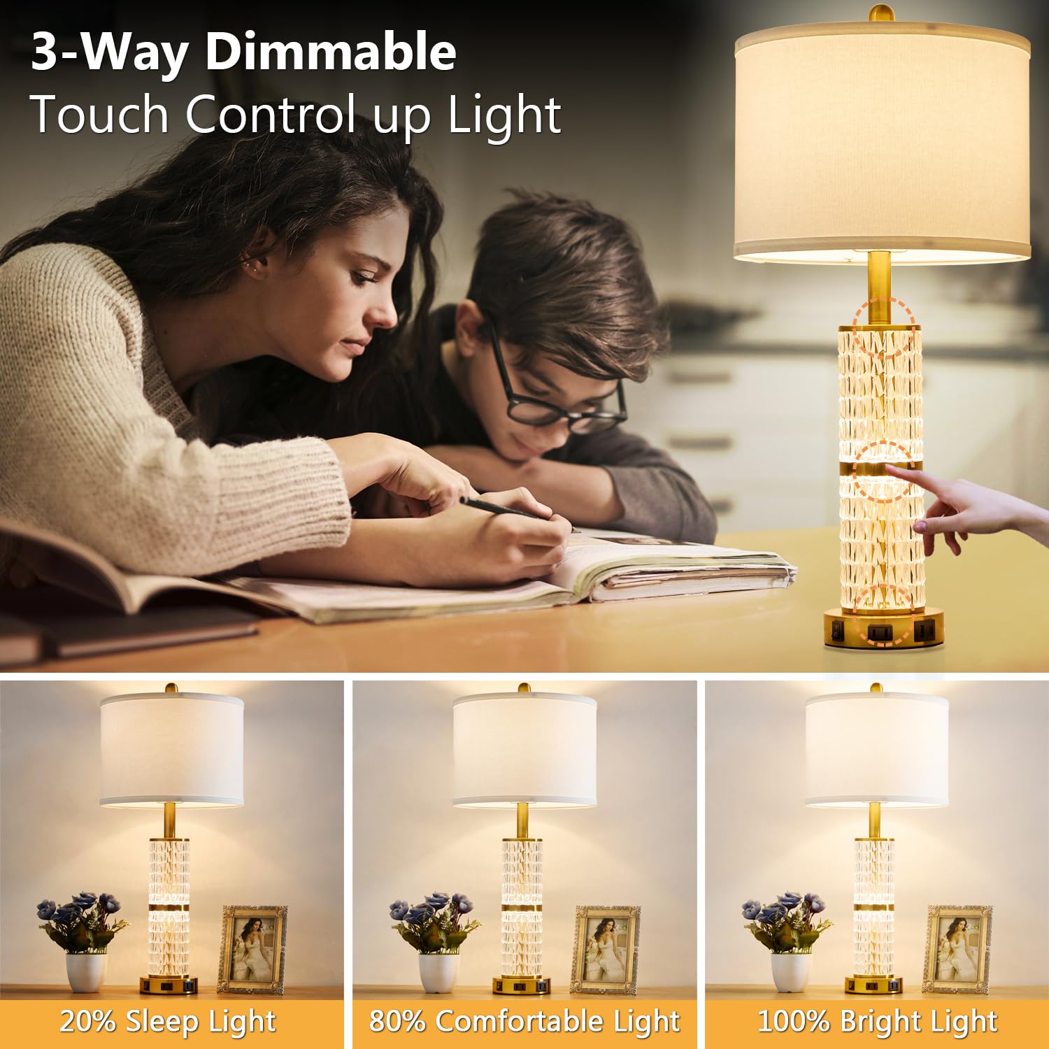 SAIWEYA Crystal Table Lamp Set of 2, 3-Way Dimmable Touch Lamps with USB Ports, Gold, 27In, Model TM-T10-N
