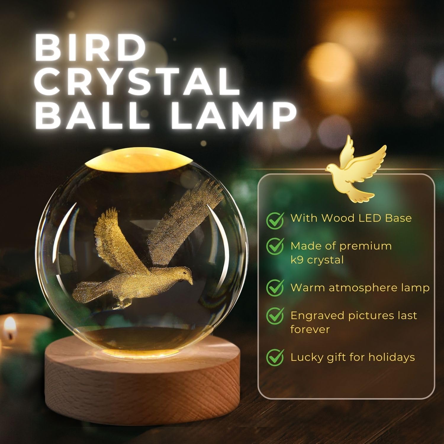 Flexzion 3D Bird Crystal Ball Night Light - 3.15" LED Glass Lamp, Gold Wood Base, Adjustable Brightness, USB Powered