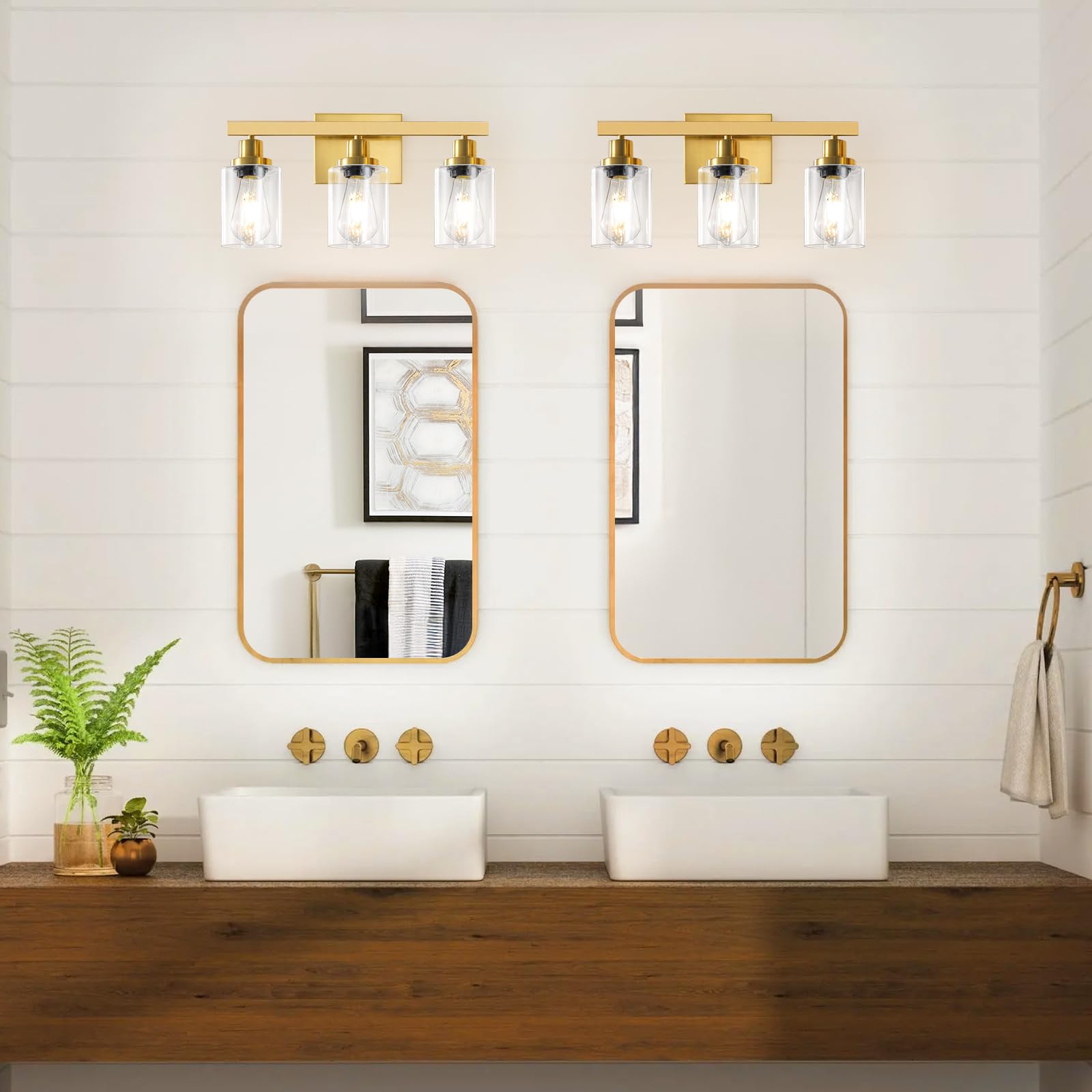 Dikaida 3 Light Gold Bathroom Light Fixtures, Bathroom Vanity Light Over Mirror, Gold Wall Sconce Vanity Lighting With Clear Gla
