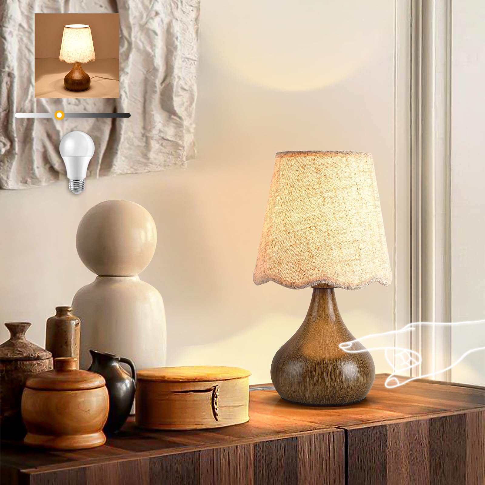 Ziqqeelam Wood Grain Small Table Lamp Touch Control, Farmhouse Bedroom Lamps for Bedside Nightstand, Vintage Small Table Lamps f