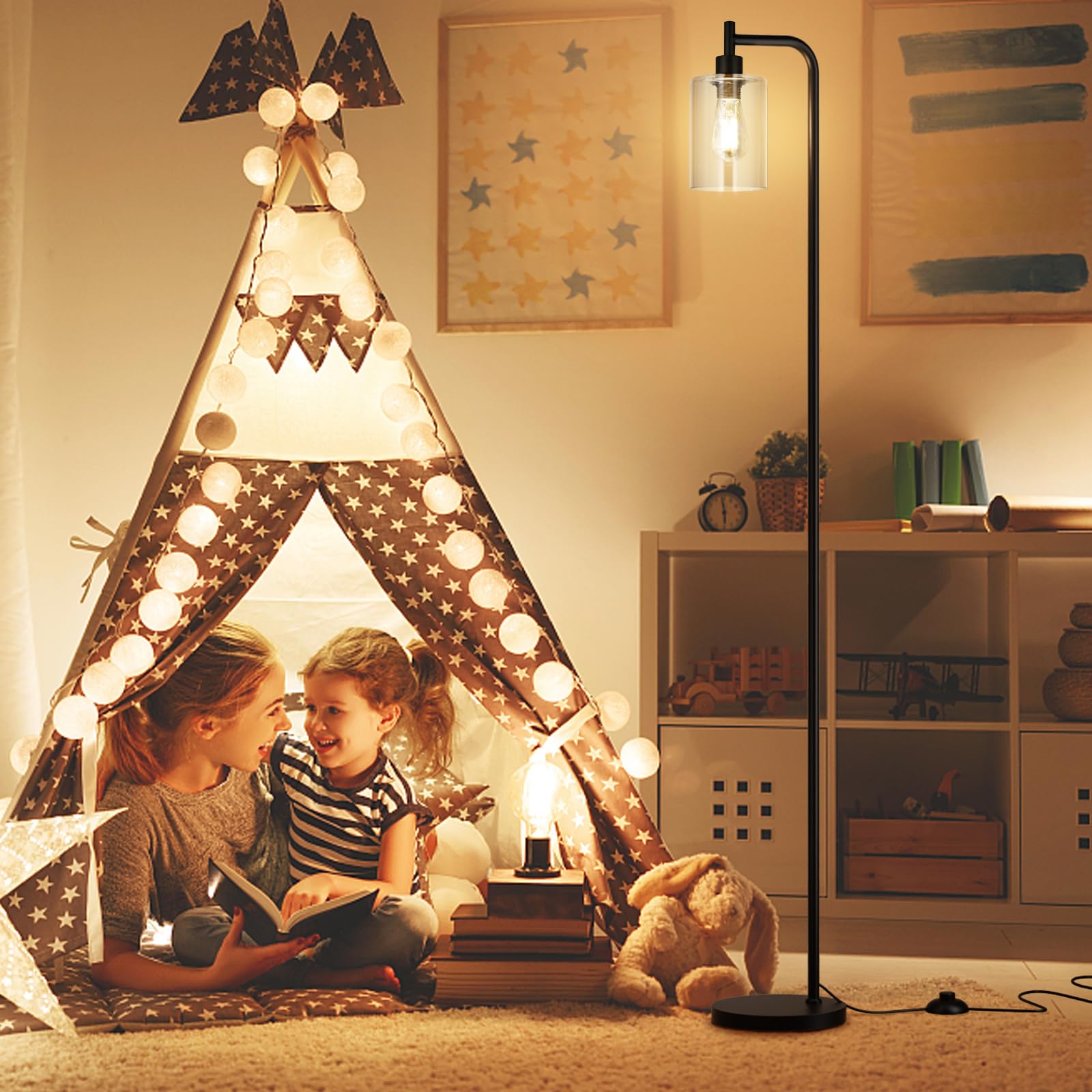 Ziisee Floor Lamps For Living Room - Standing Lamp With Glass Lampshade, Modern Floor Lamp With Led Bulbs, Bright Industrial Floor Lamp For Bedroom, Black Tall Lamp For Office(Light Bulb Included)