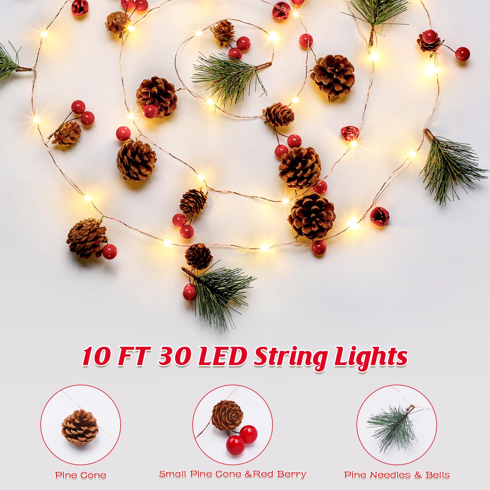 Brightown Christmas Pine Cone String Lights, 30 Led Battery Operated Garland String Lights With Red Berry Pine Cone Pine Needles Bells Fairy String Lights For Indoor Outdoor Christmas Decorations