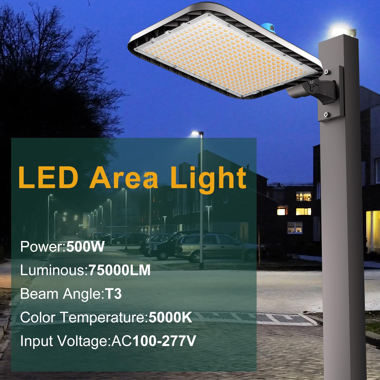 Acohook 500W Led Parking Lot Lighting 75000Lm(150Lm/W) Arm Mount Parking Lot Lights With Smart Photocell 5000K 6Kv Spd Outdoor Waterproof Led Street Light- 7Yrs Warranty 2Pack