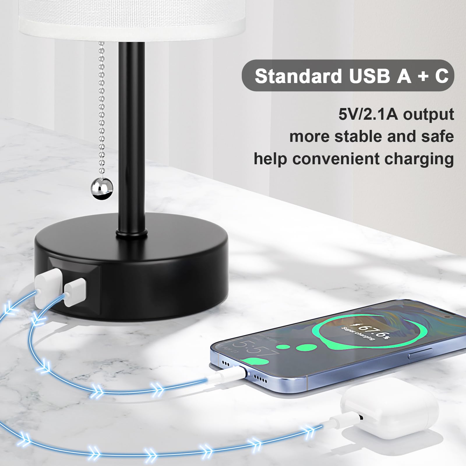 White Bedside Lamps For Bedroom Set Of 2 - Nightstand Table Lamp With Usb A + C Charging Port, 3 Color Temperatures Pull Chain N