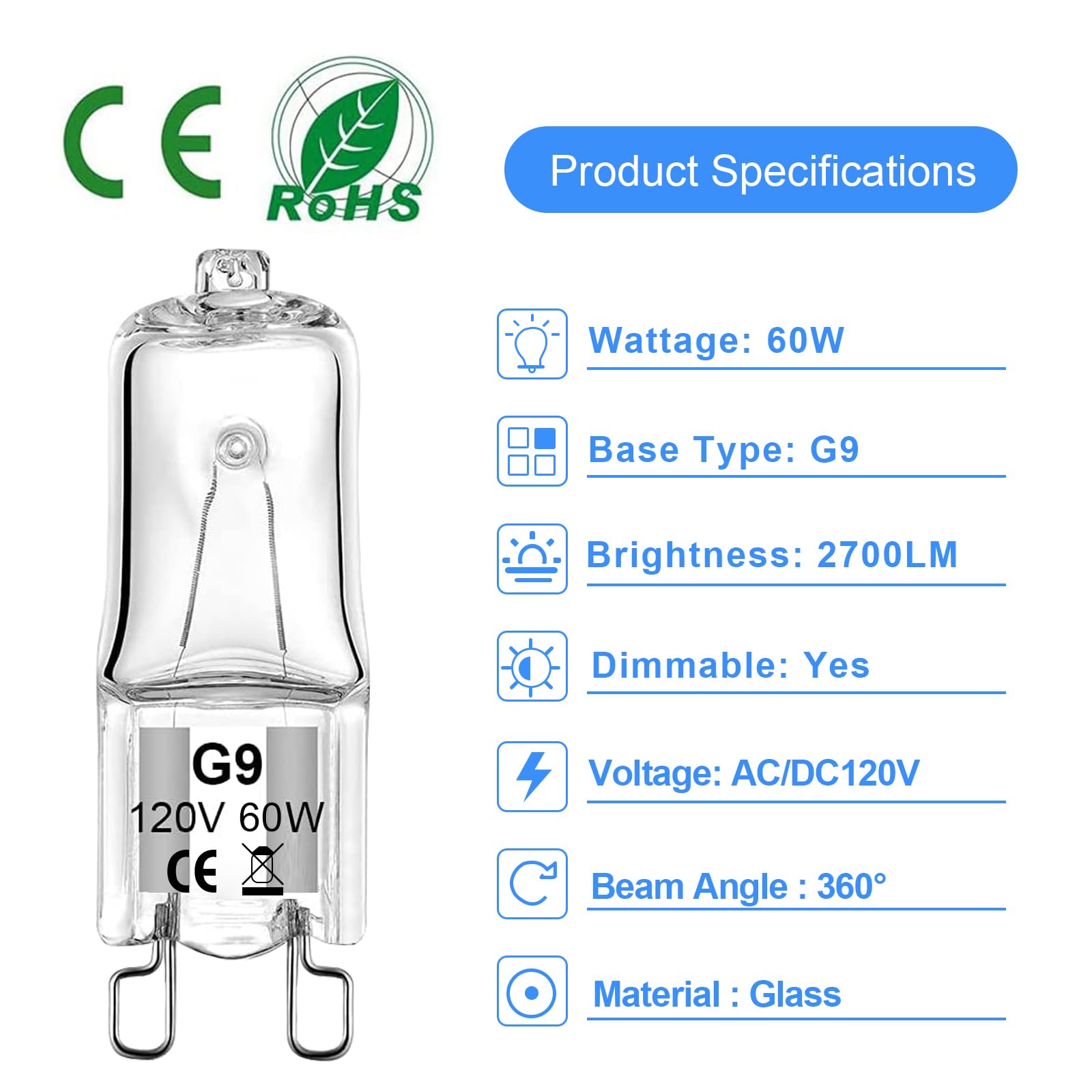 WeshLMPO G9 Halogen Light Bulbs 60W 2 Pin Warm White 12 Pack Glass