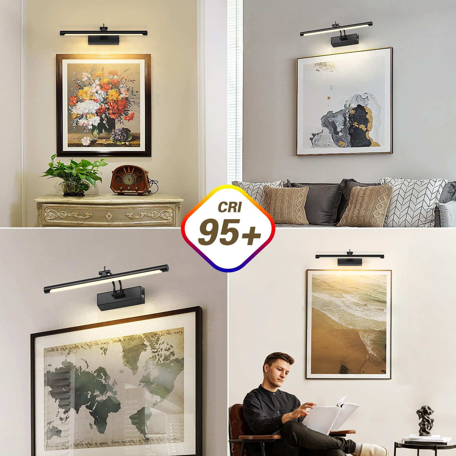 Joosenhouse Battery Operated Picture Light 5000Mah Rechargeable Black Art Light 15.7'' Wireless Picture Lights For Wall With Rem