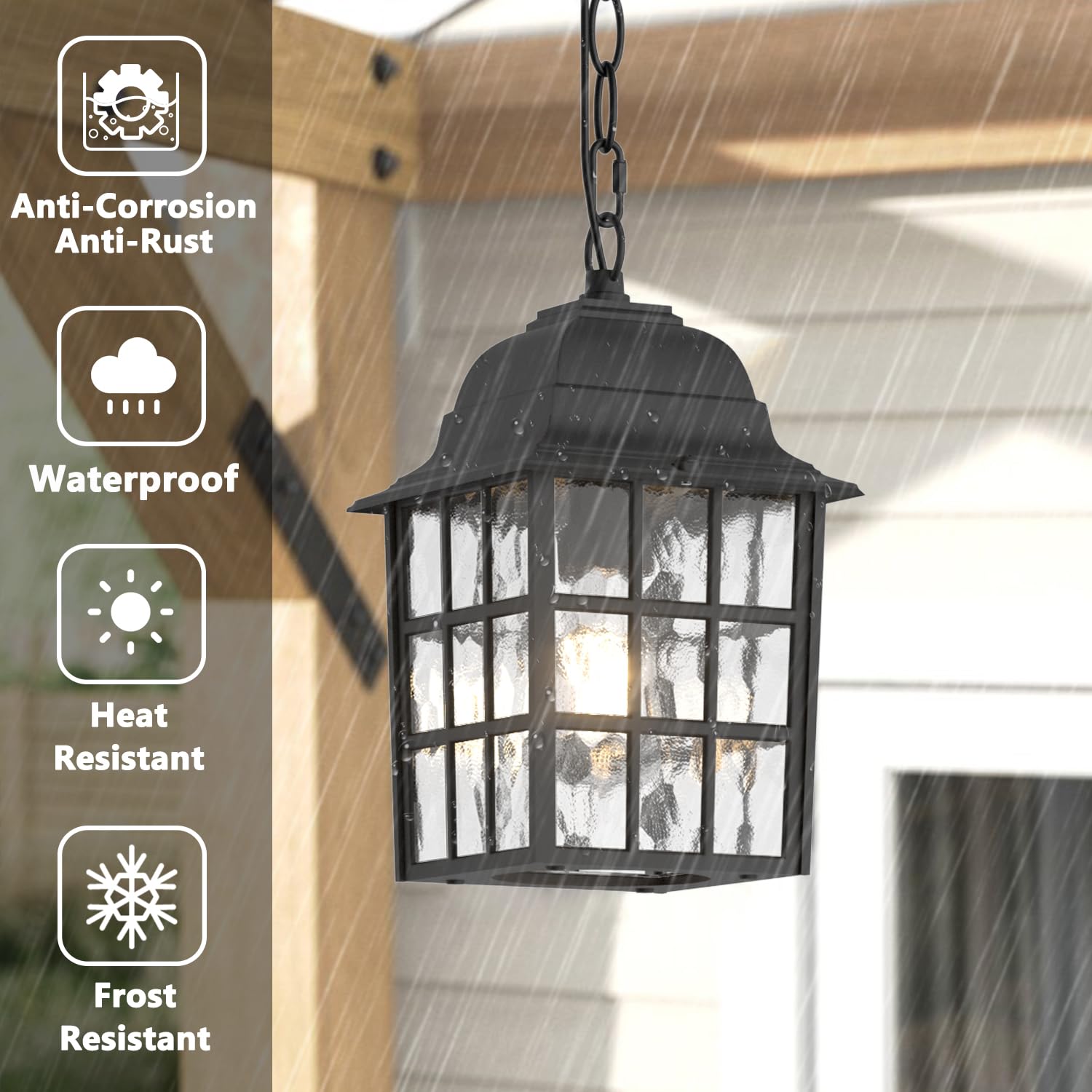 Aoceley Outdoor Pendant Light - Black Ceiling Lantern With Water Glass For Porch & Yard