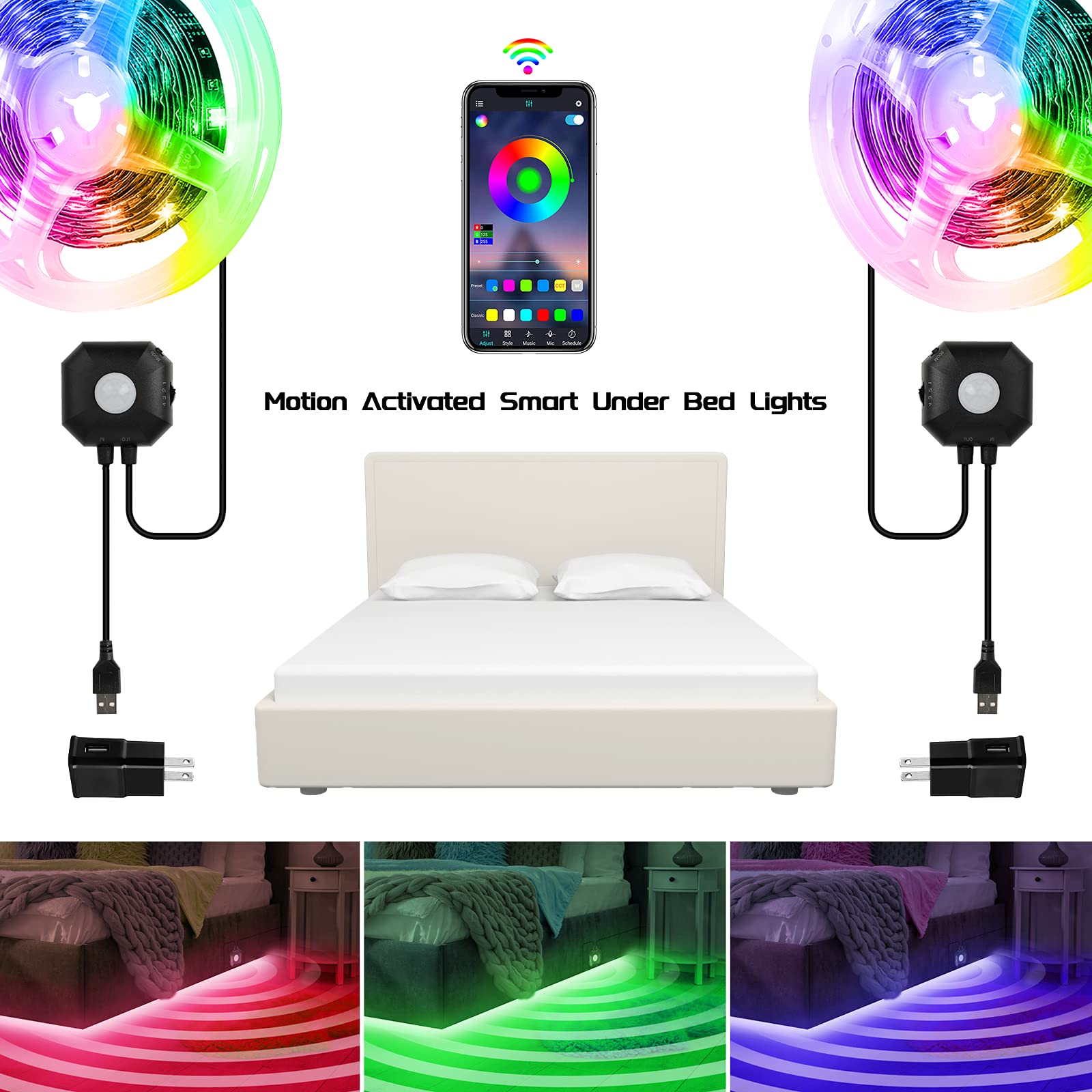 Meiyue Motion Sensor LED Under Bed Lights, 2 Set 9.84ft, App Control, RGB Color Changing, for Bedroom and Stairs