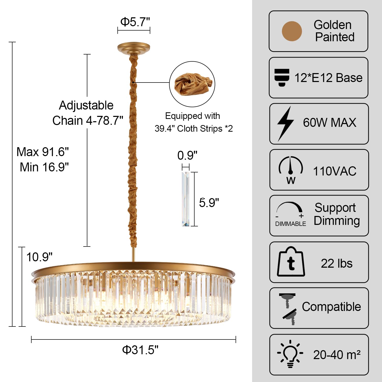lighceac 31.5" 12-Light Modern Crystal Chandelier, Gold Metal, 3-Rings, Luxury Pendant Lighting for Living Room, Entryway, Kitchen